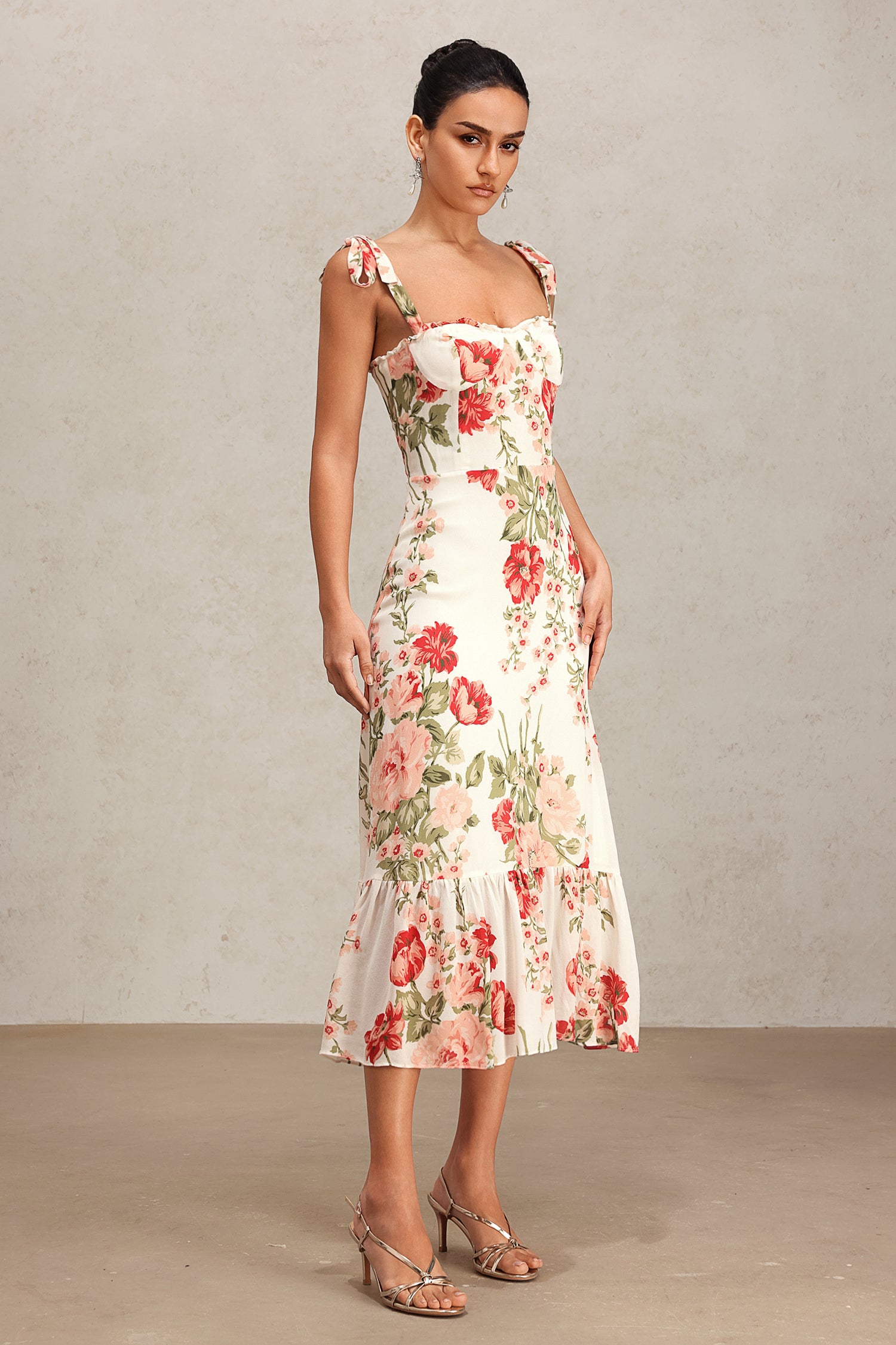 Fanya Bowknot Halter Floral Printed Midi Dress