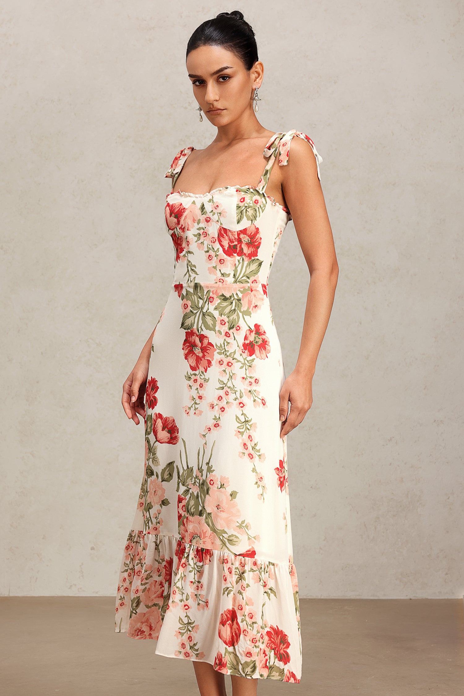 Fanya Bowknot Halter Floral Printed Midi Dress