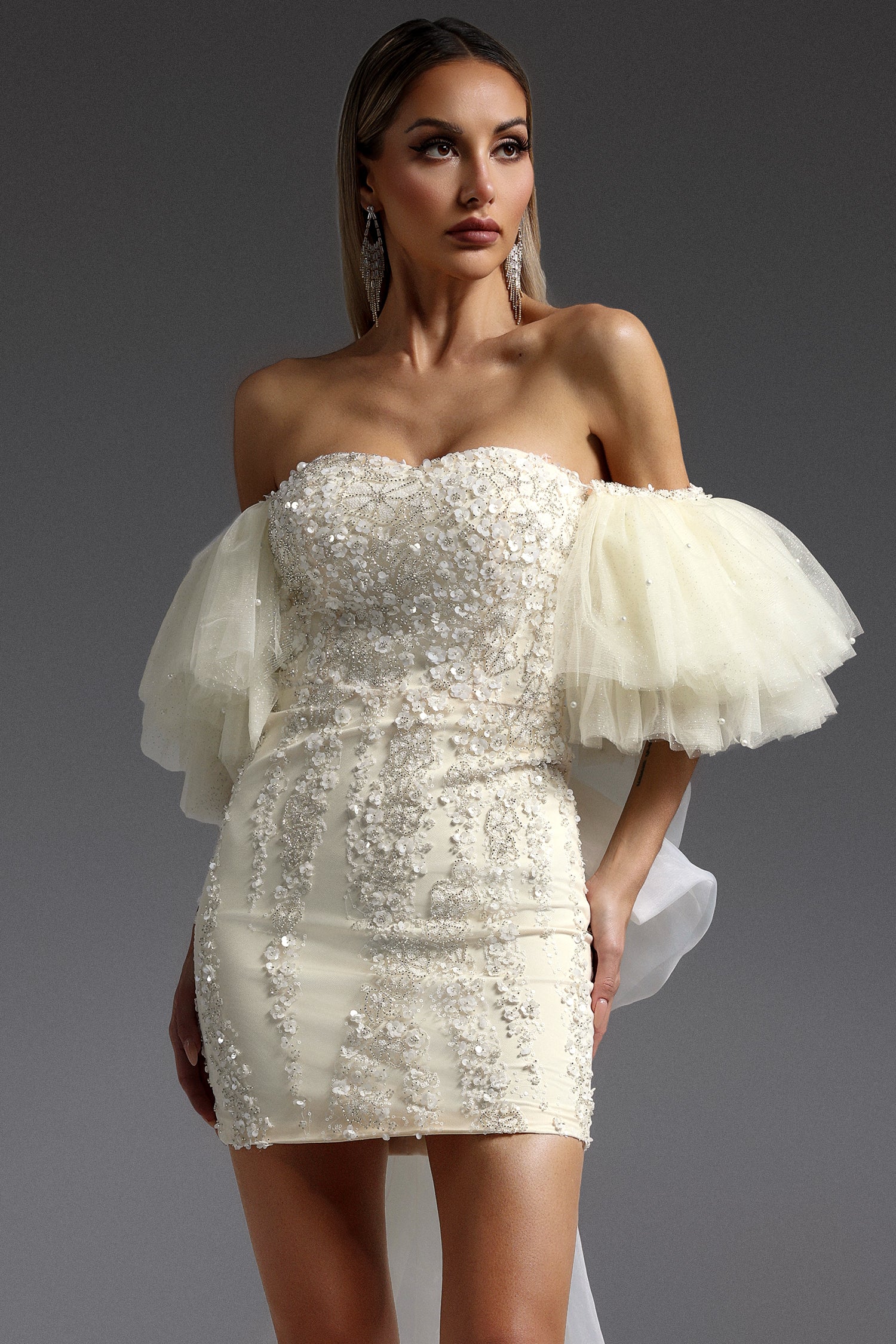 Emma Off-the-Shoulder Sequin Streaking Mini Dress