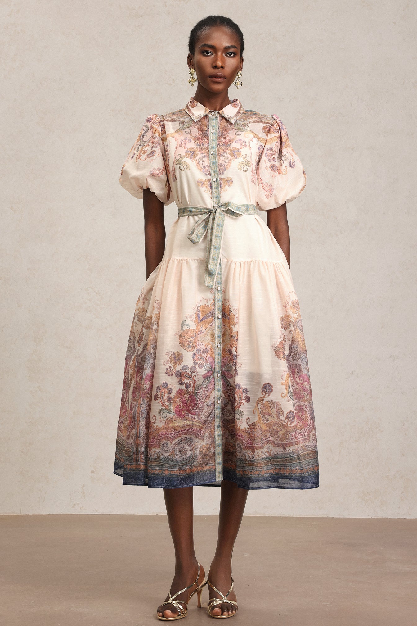 Tusare Lapel Floral Printed Midi Dress