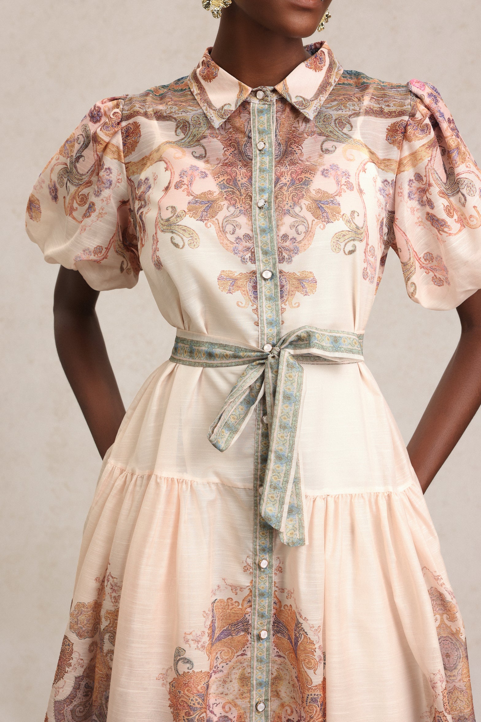 Tusare Lapel Floral Printed Midi Dress