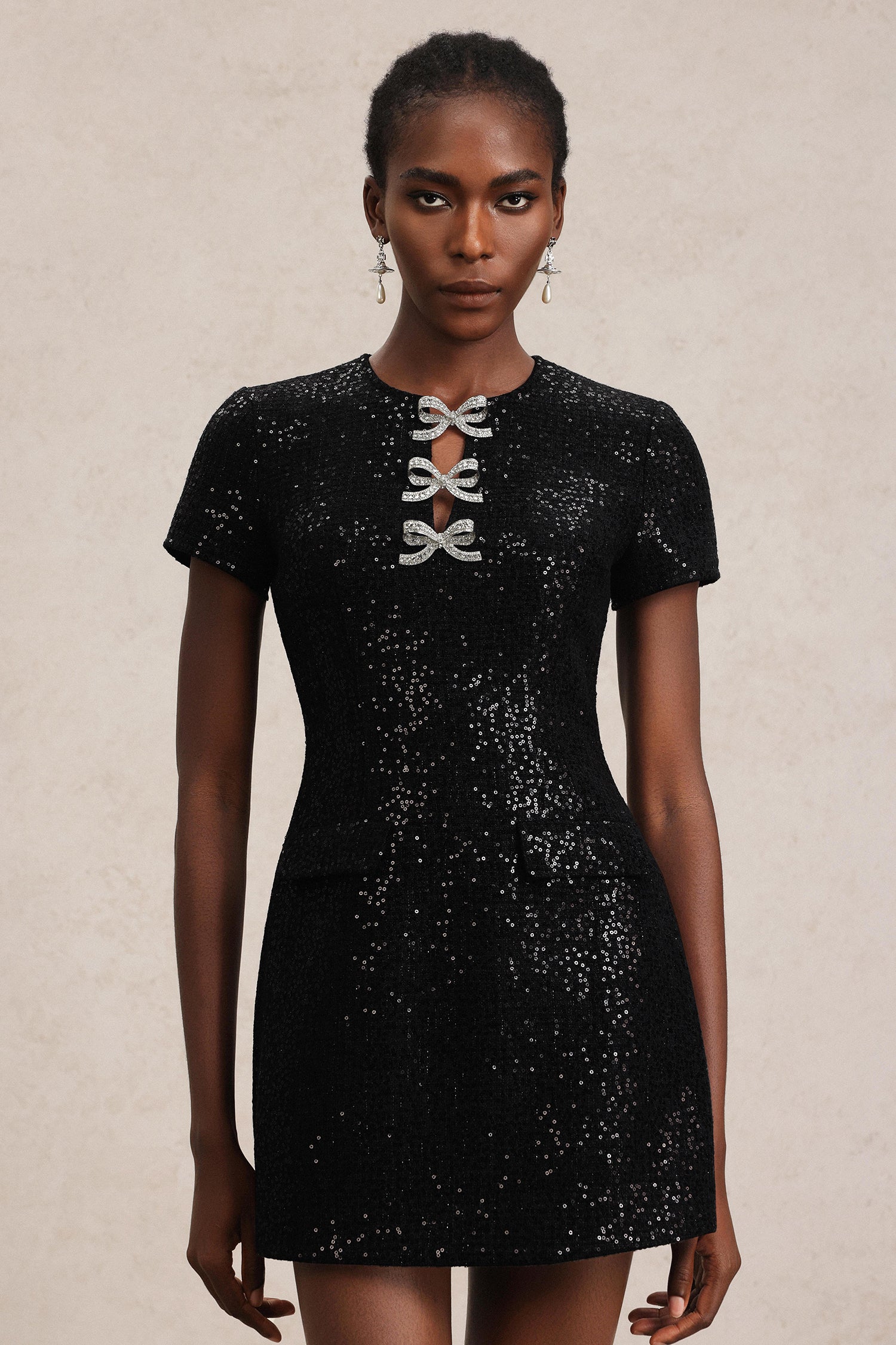 Erele Short Sleeves Bowknot Sequin Mini Dress