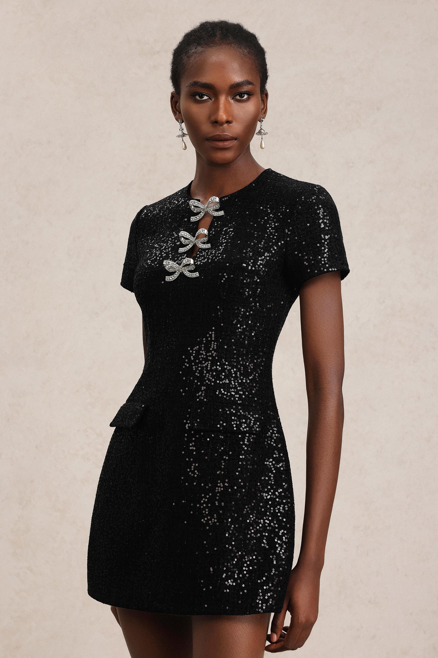 Erele Short Sleeves Bowknot Sequin Mini Dress