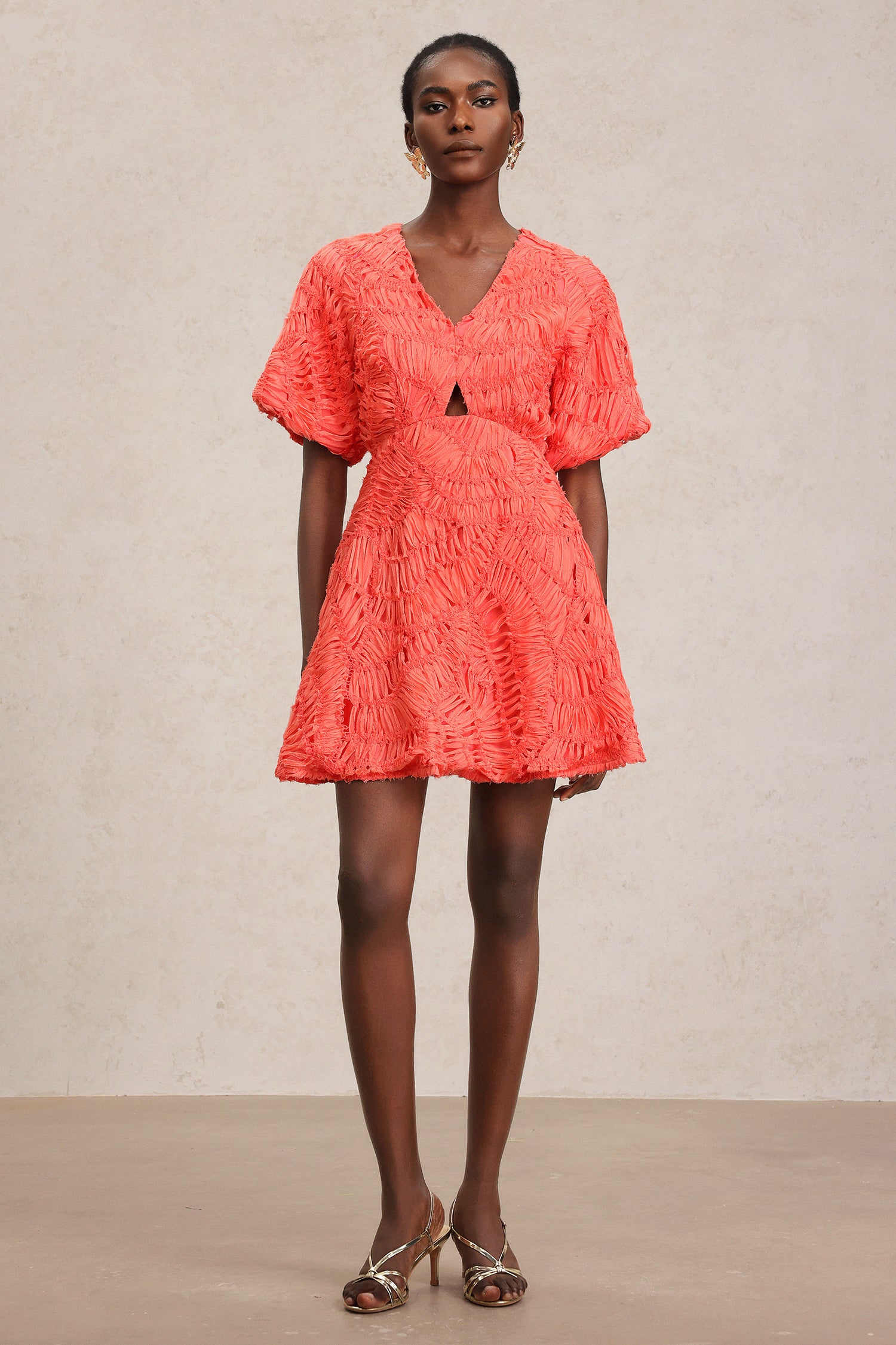 Katya V-Neck Puff Sleeves Hollow Out Mini Dress