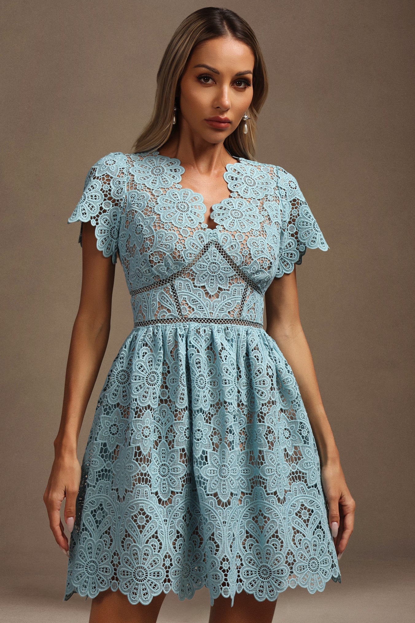 Urania V-Neck Short Sleeves Flowers Lace Mini Dress