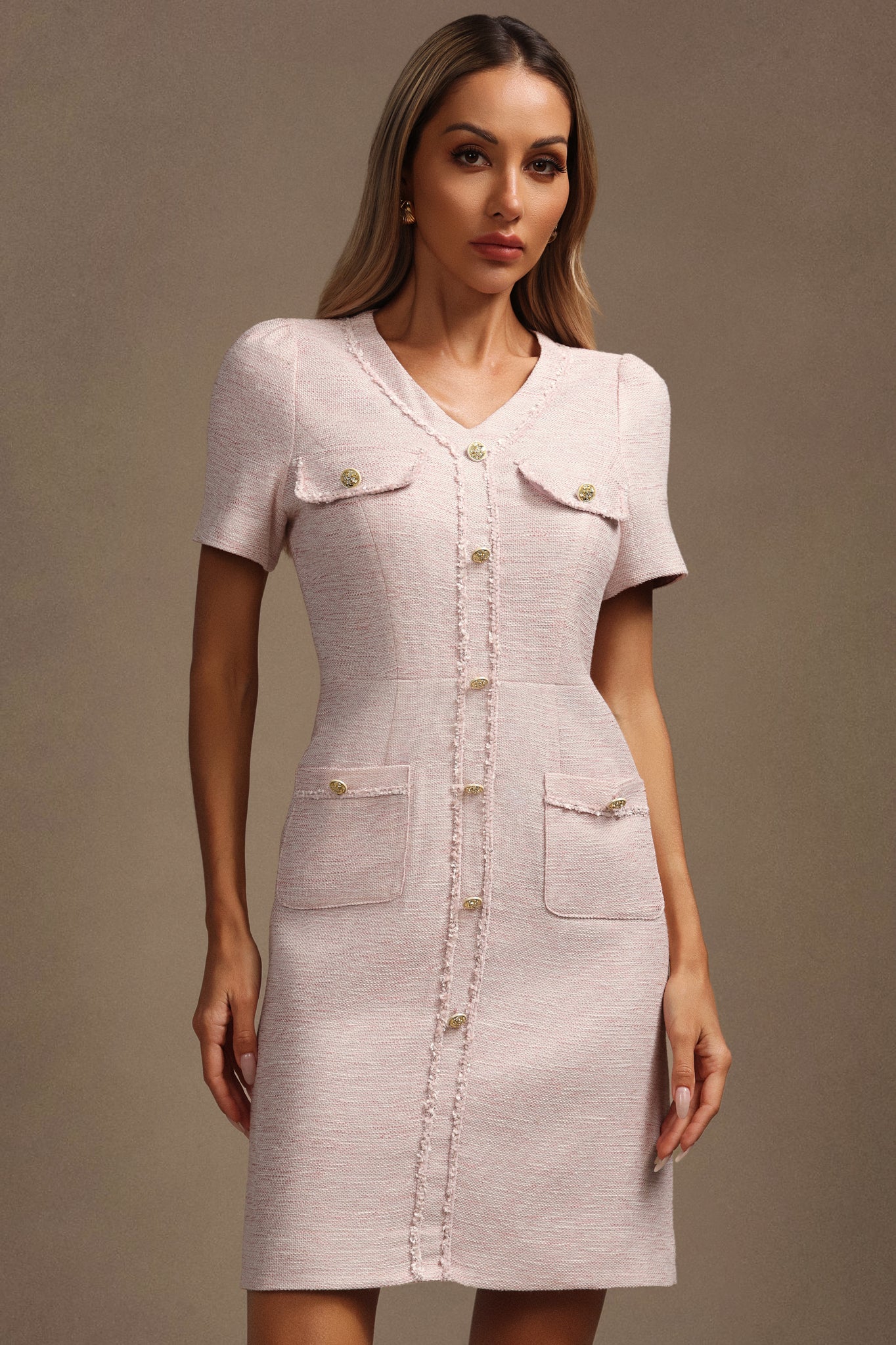 Rosella Short Sleeves Gold Button Mini Dress