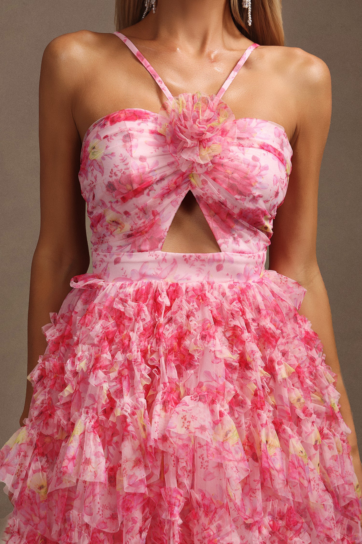 Daware Sleeveless Flower Printed Hollow Out Folds Mini Dress