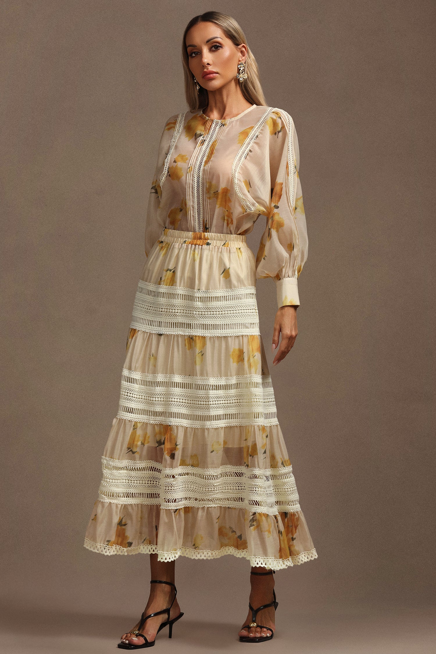 Saraja Long Sleeves Floral Printed Top And Skirt Two-Piece Set