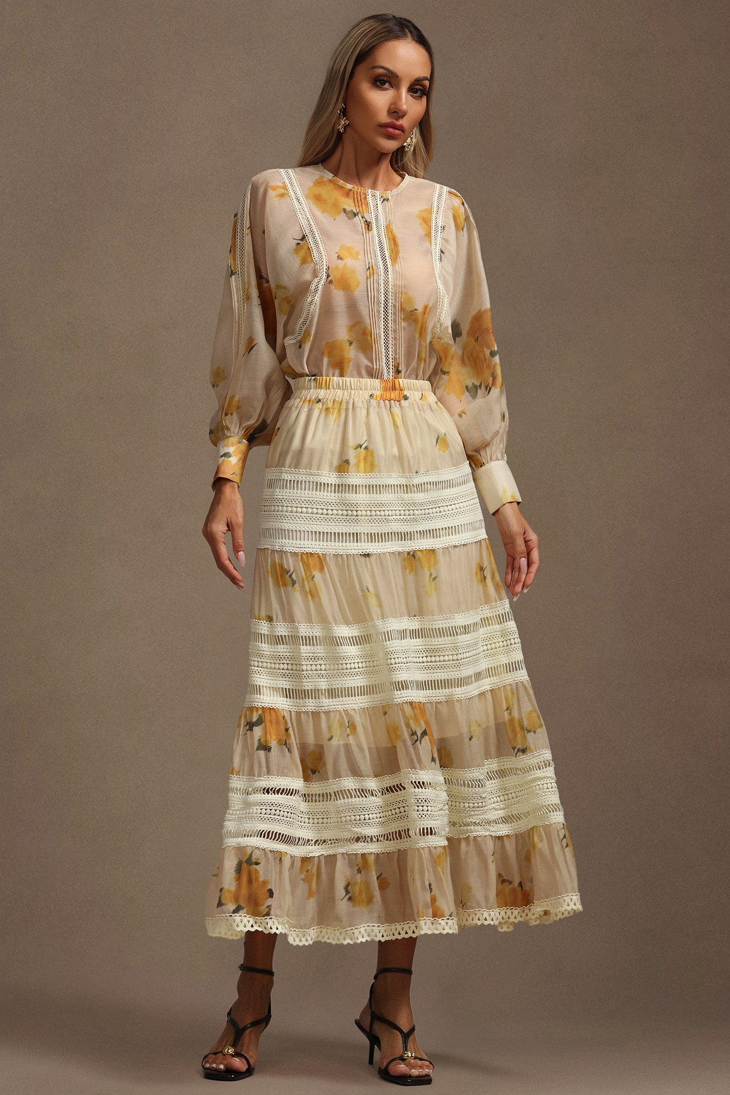 Saraja Long Sleeves Floral Printed Top And Skirt Two-Piece Set