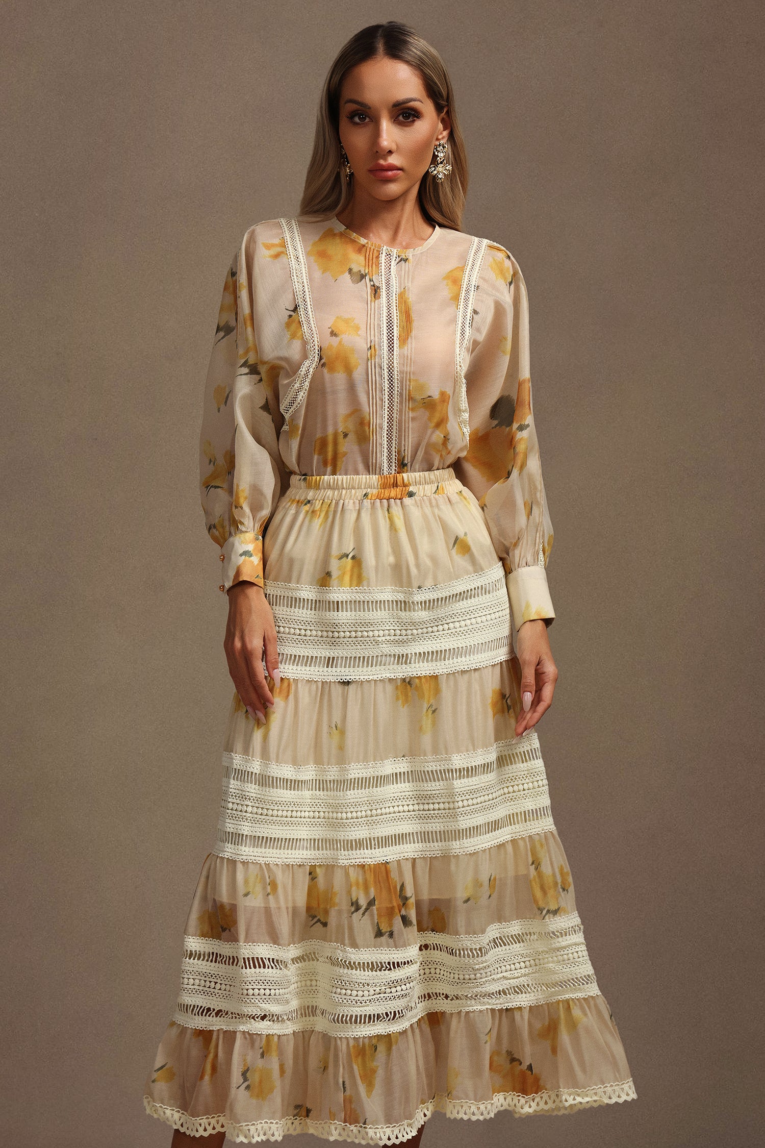 Saraja Long Sleeves Floral Printed Top And Skirt Two-Piece Set