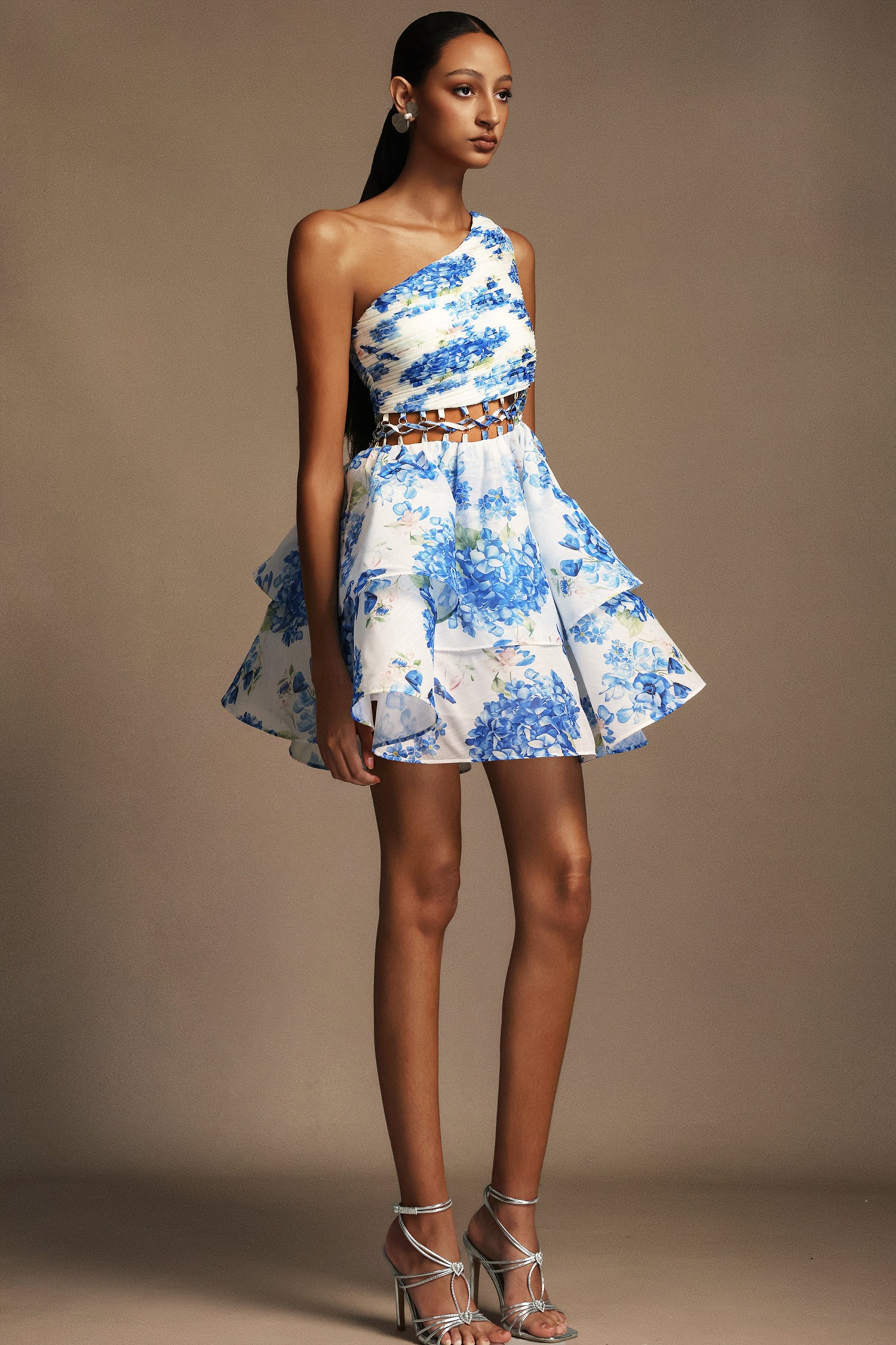 Rilia Sleeveless Hollow Out Floral Printed Puff Mini Dress