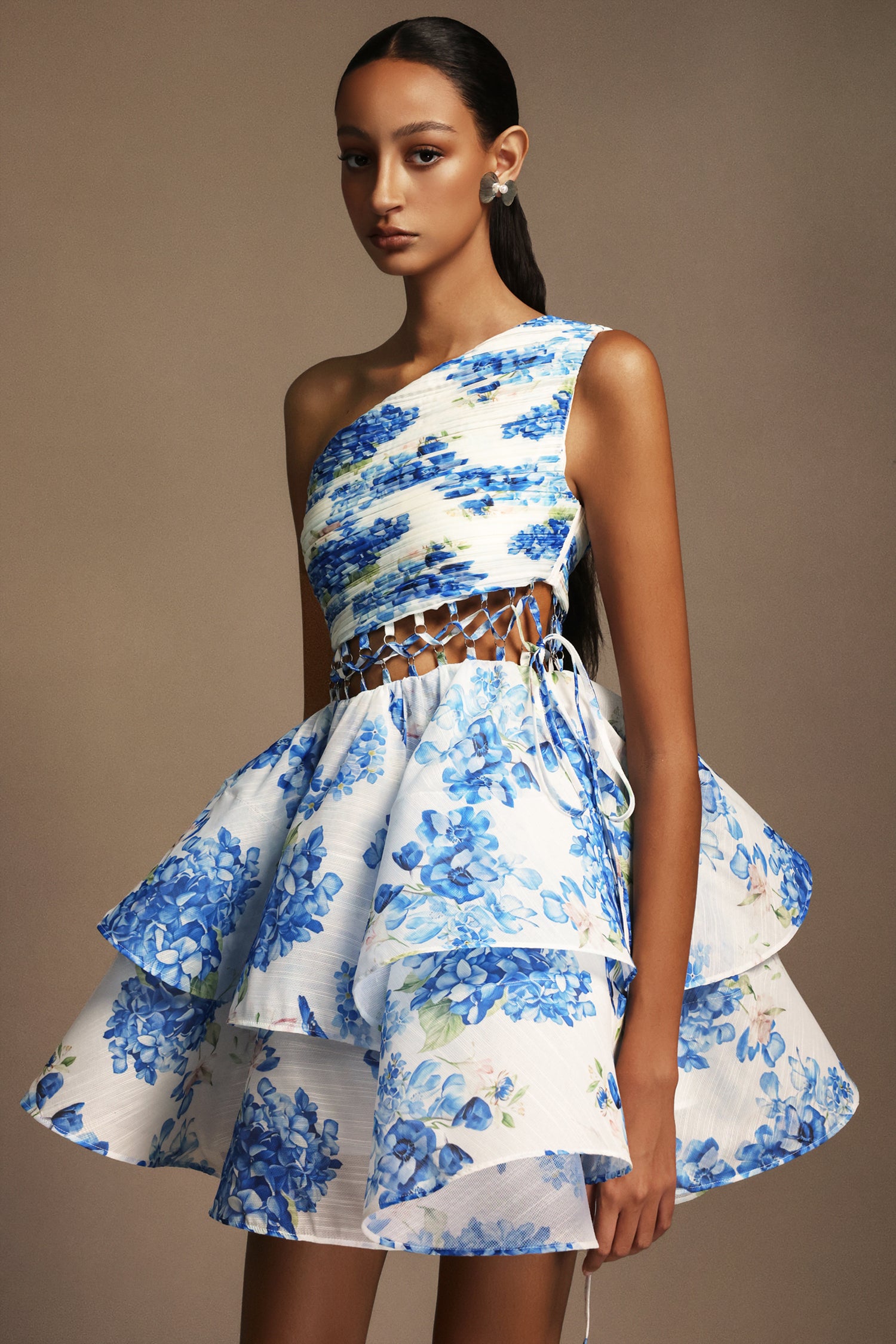 Rilia Sleeveless Hollow Out Floral Printed Puff Mini Dress