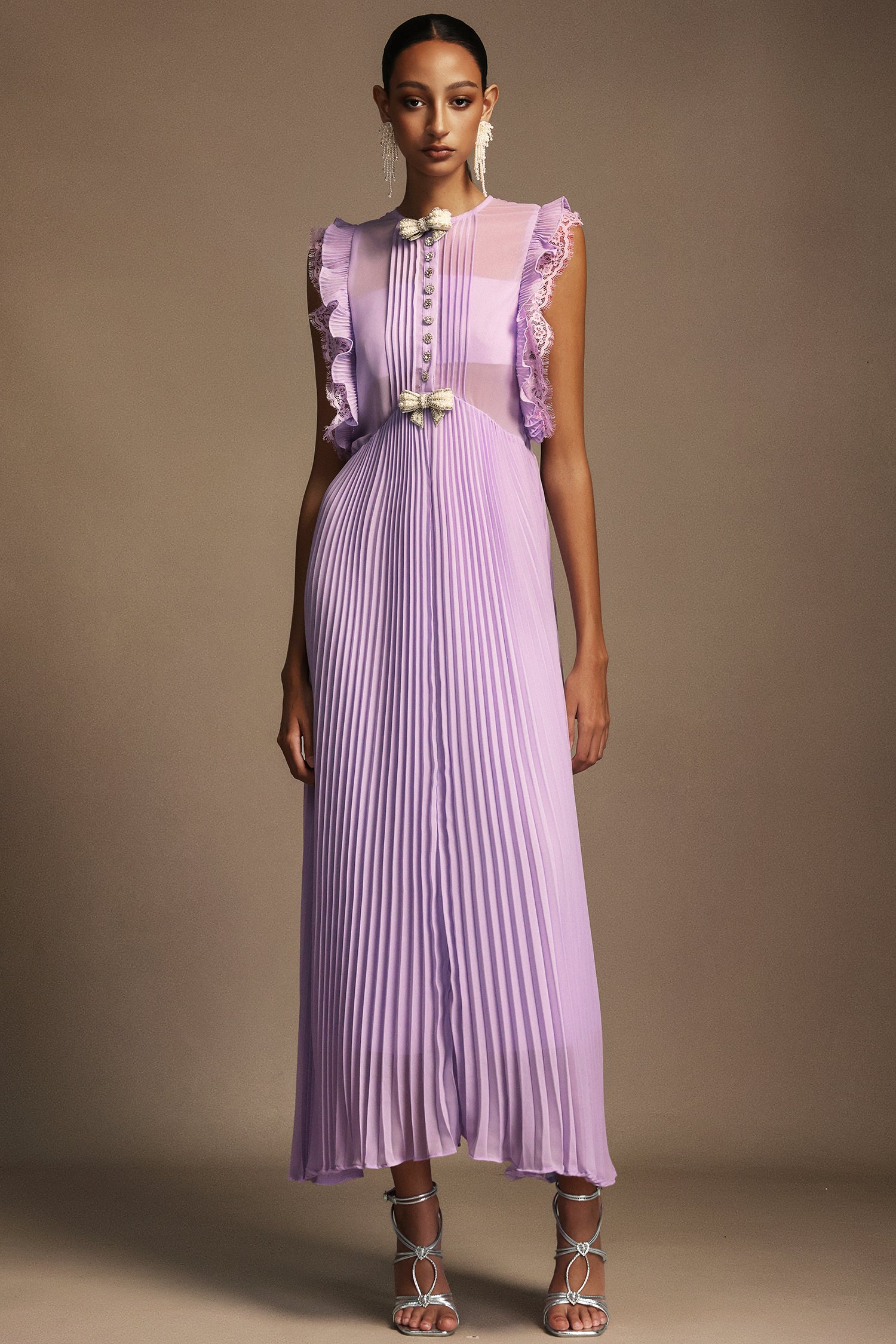 Verna Round Neck Diamond Bowknot Folds Maxi Dress