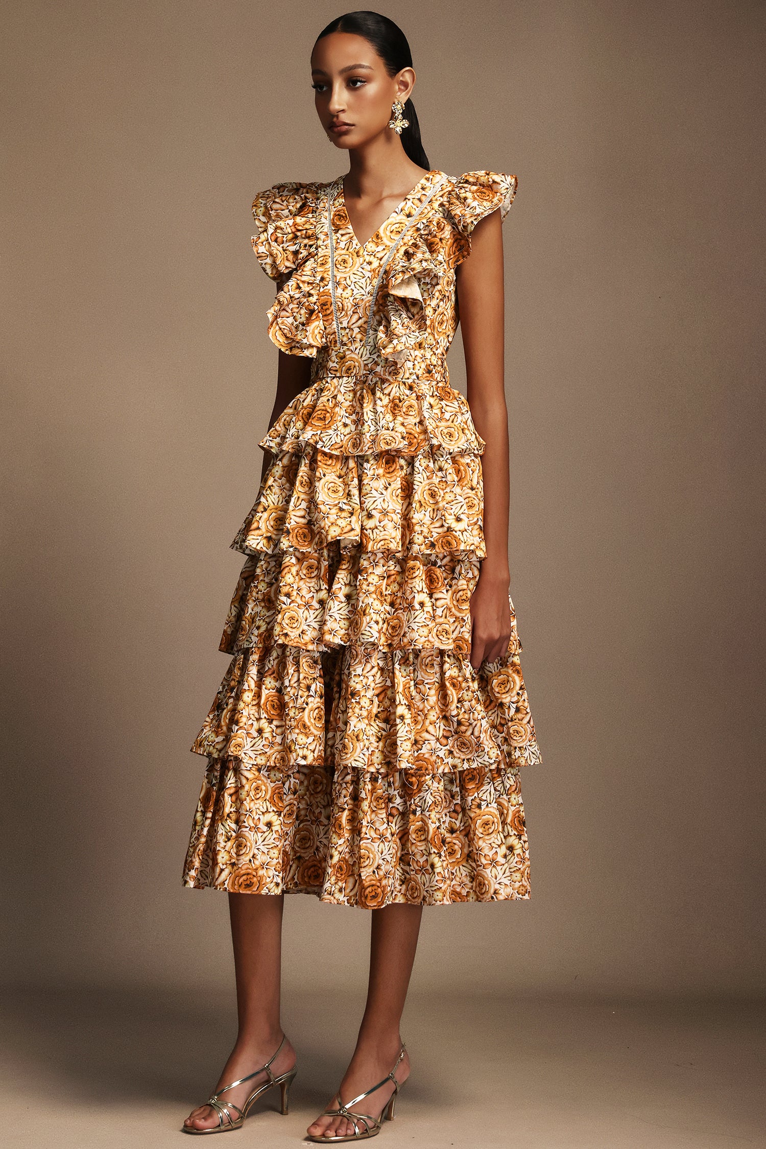 Pippa Sleeveless Floral Printed Layered Folds Maxi Dress