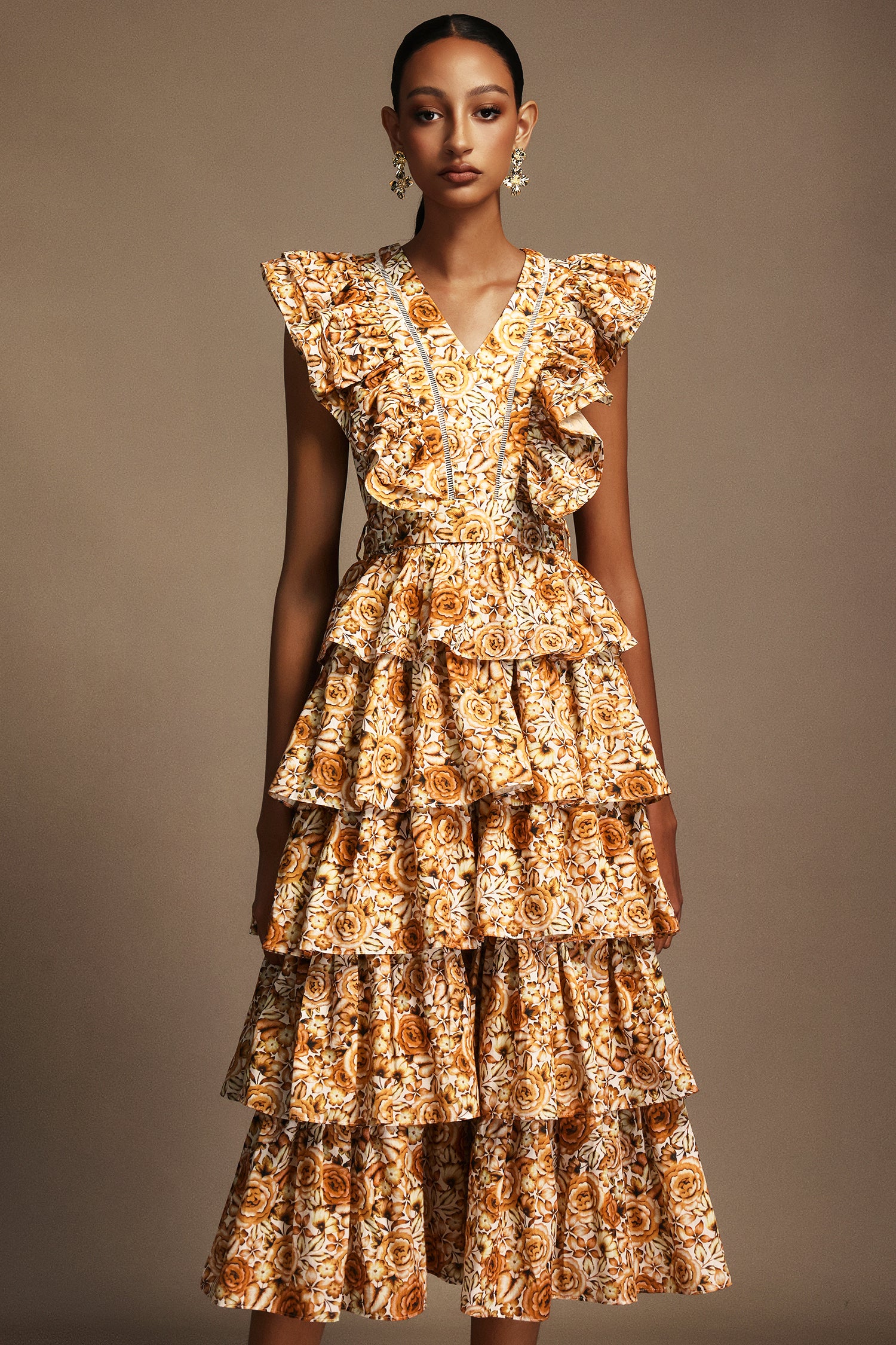 Pippa Sleeveless Floral Printed Layered Folds Maxi Dress