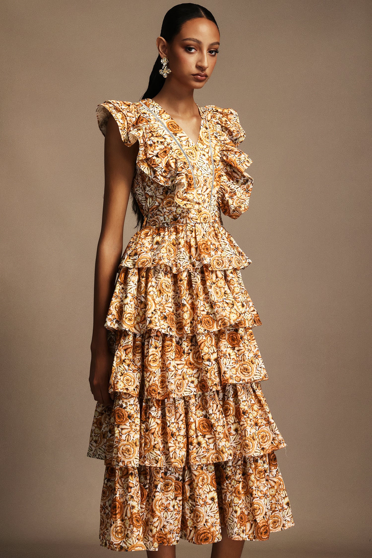 Pippa Sleeveless Floral Printed Layered Folds Maxi Dress