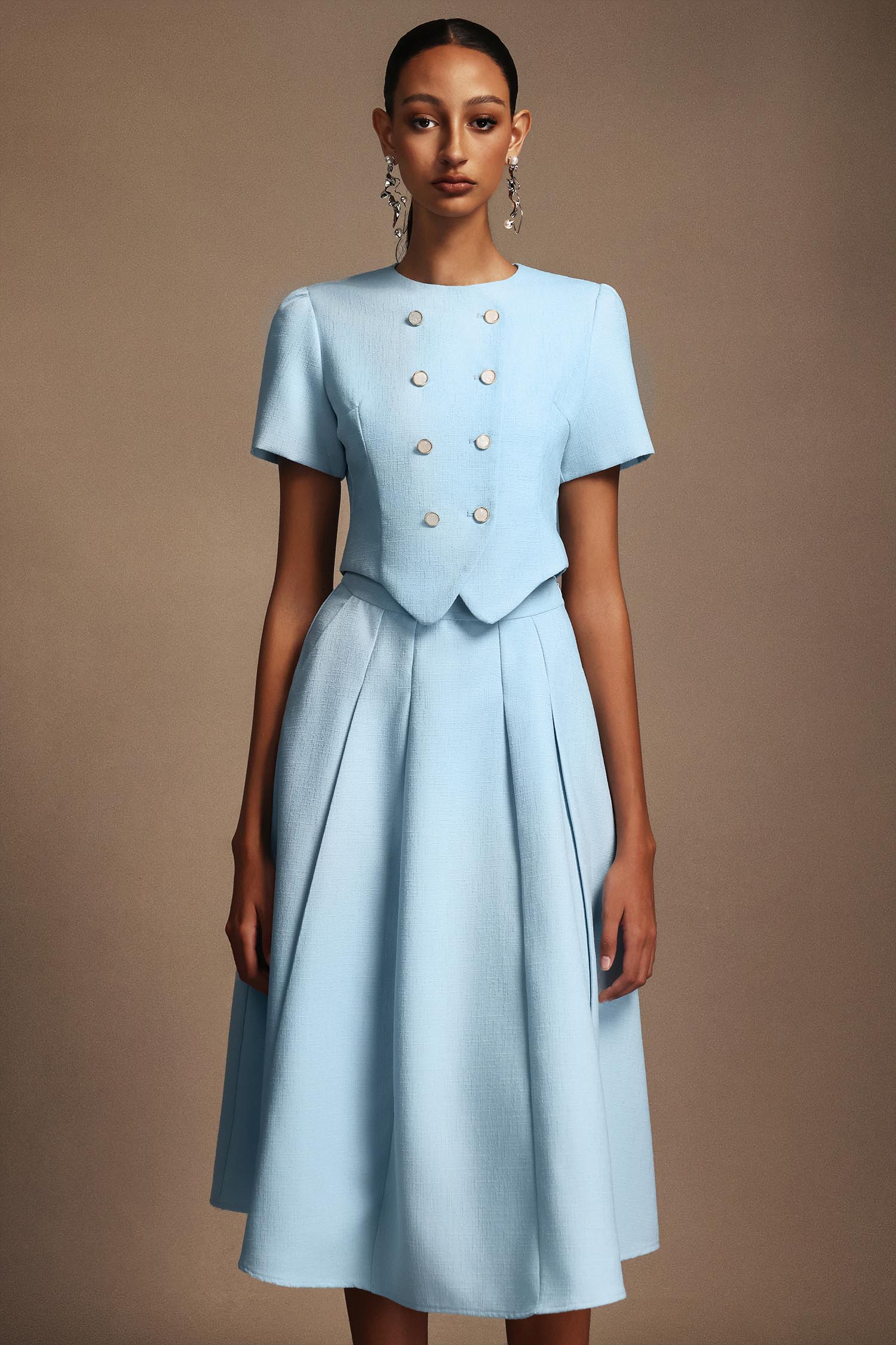 Katrina Round Neck Puff Sleeves Top And Skirt Two-Piece Set