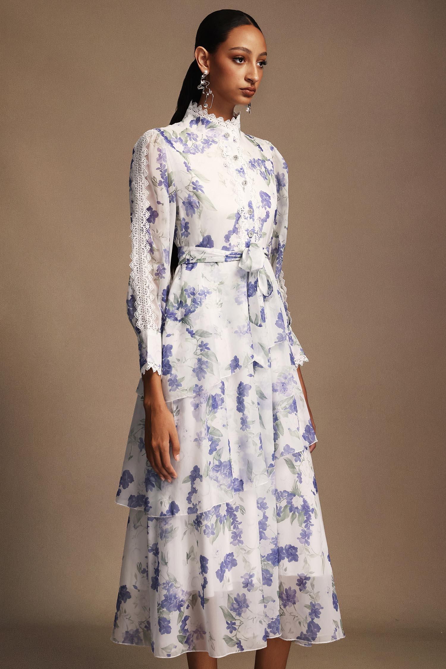 Salita Long Sleeves Floral Printed Lace Asymmetric Midi Dress