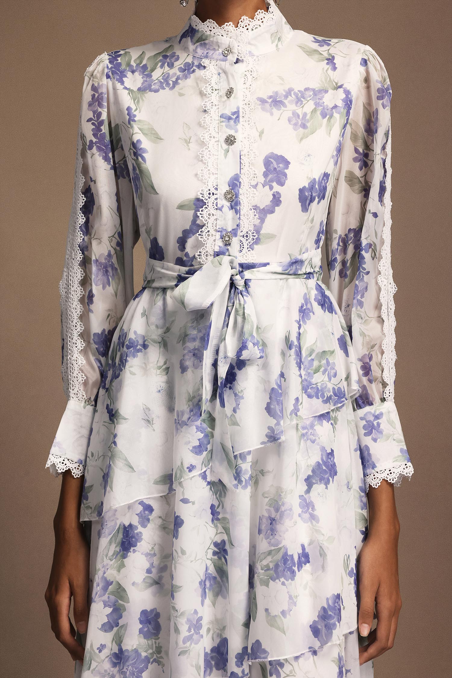 Salita Long Sleeves Floral Printed Lace Asymmetric Midi Dress