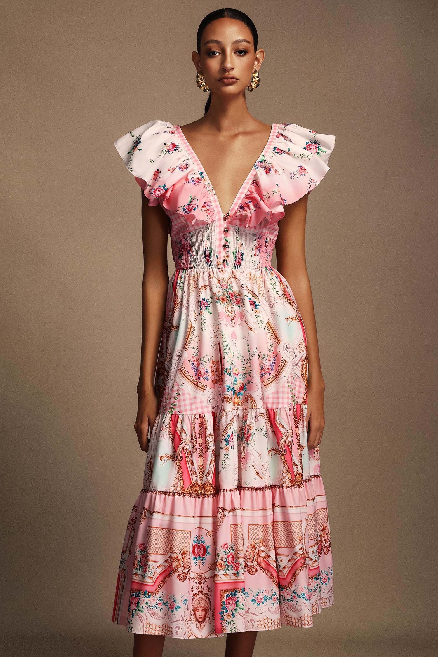 Sagona Sleeveless Floral Printed Folds Midi Dress