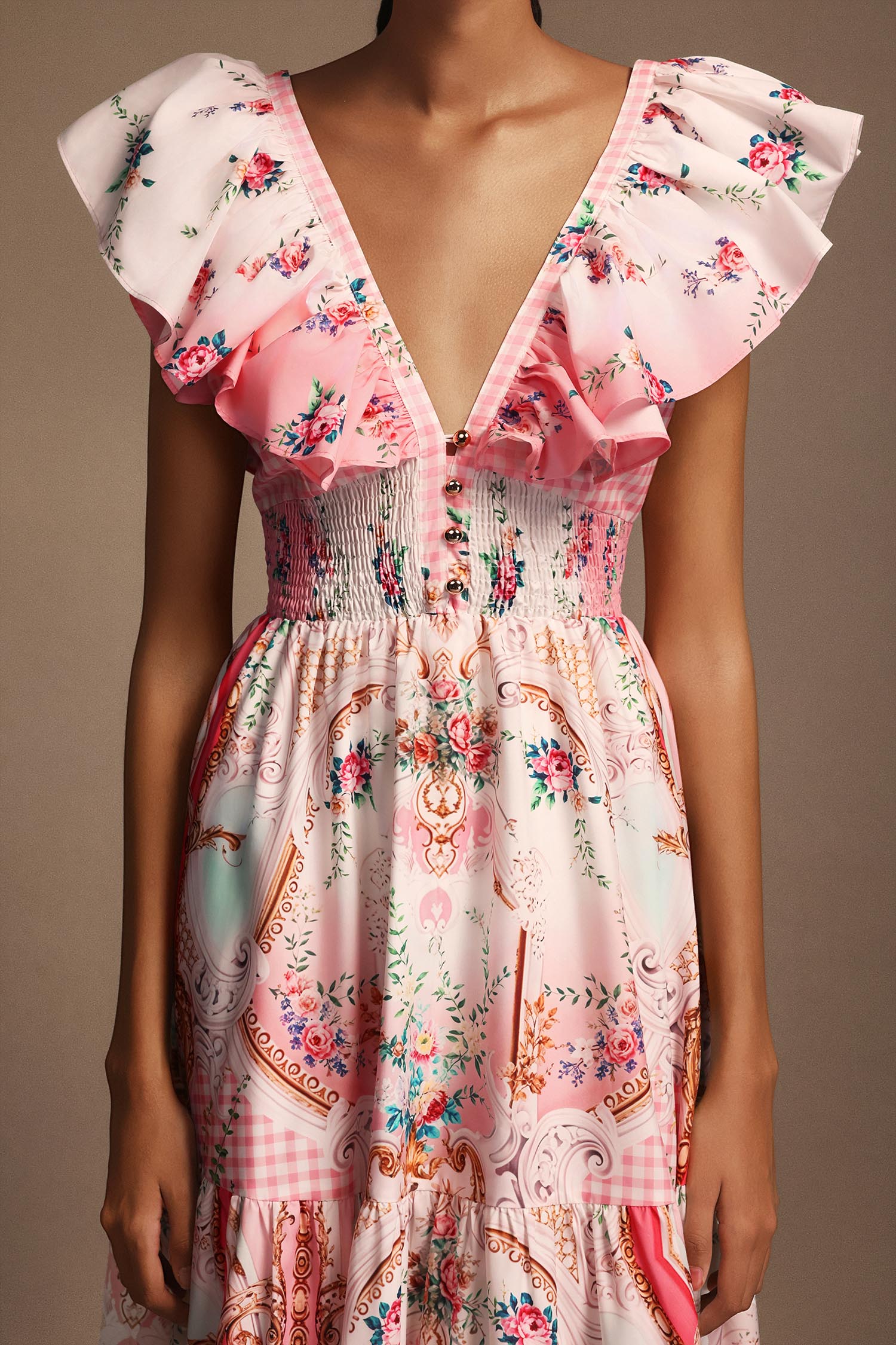 Sagona Sleeveless Floral Printed Folds Midi Dress