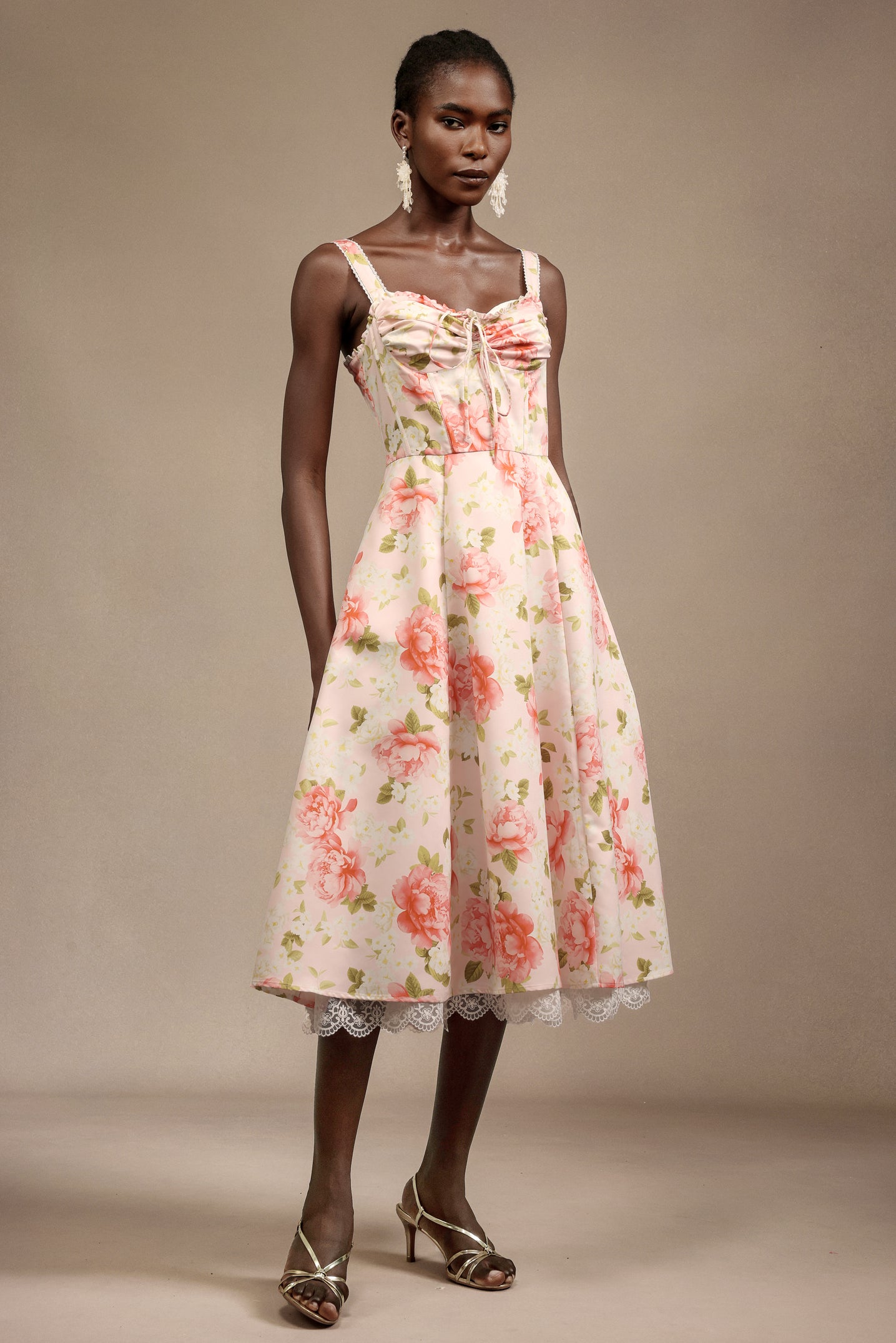 Venia Halter Floral Printed Bowknot Lace Midi Dress