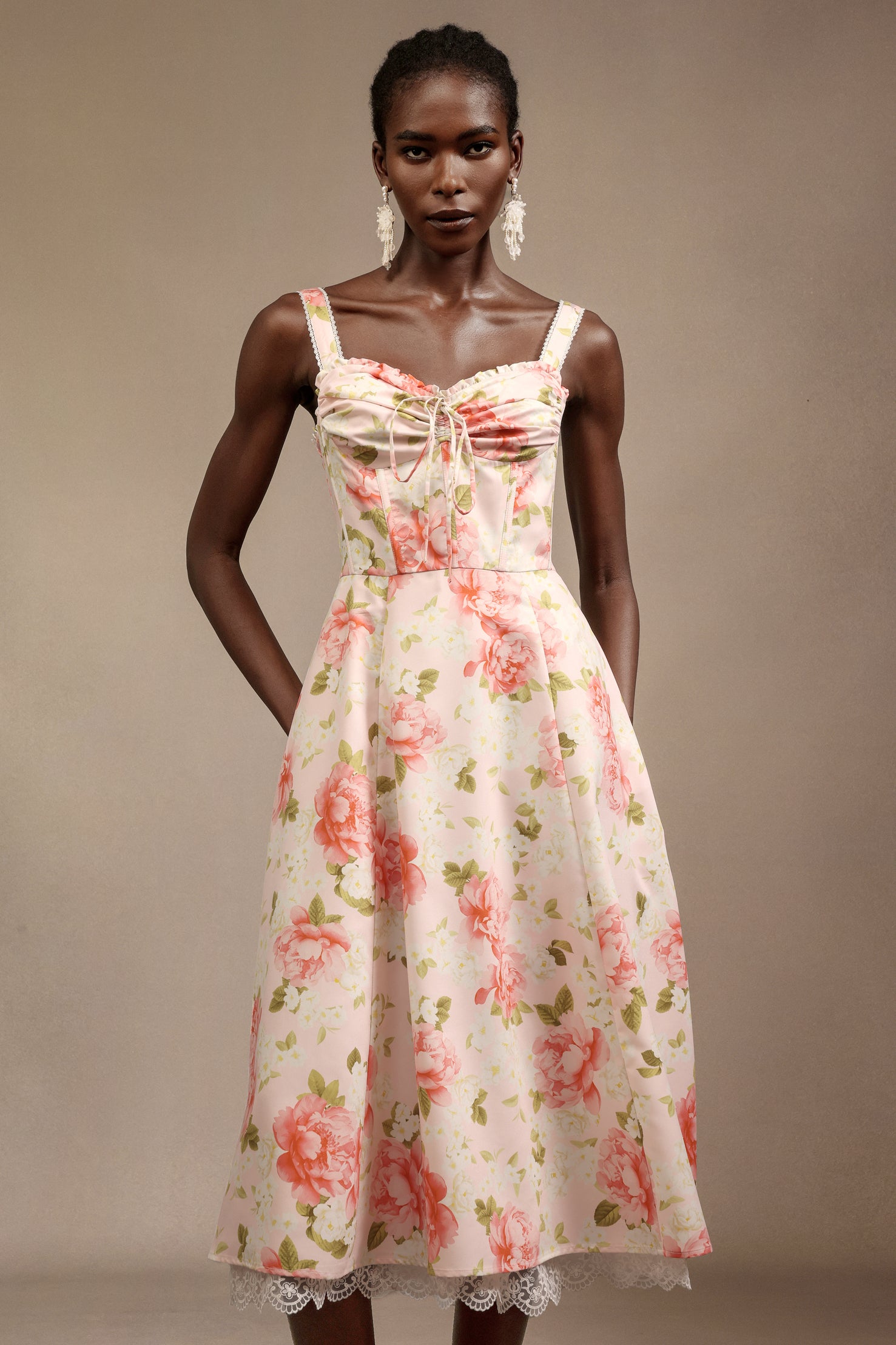 Venia Halter Floral Printed Bowknot Lace Midi Dress