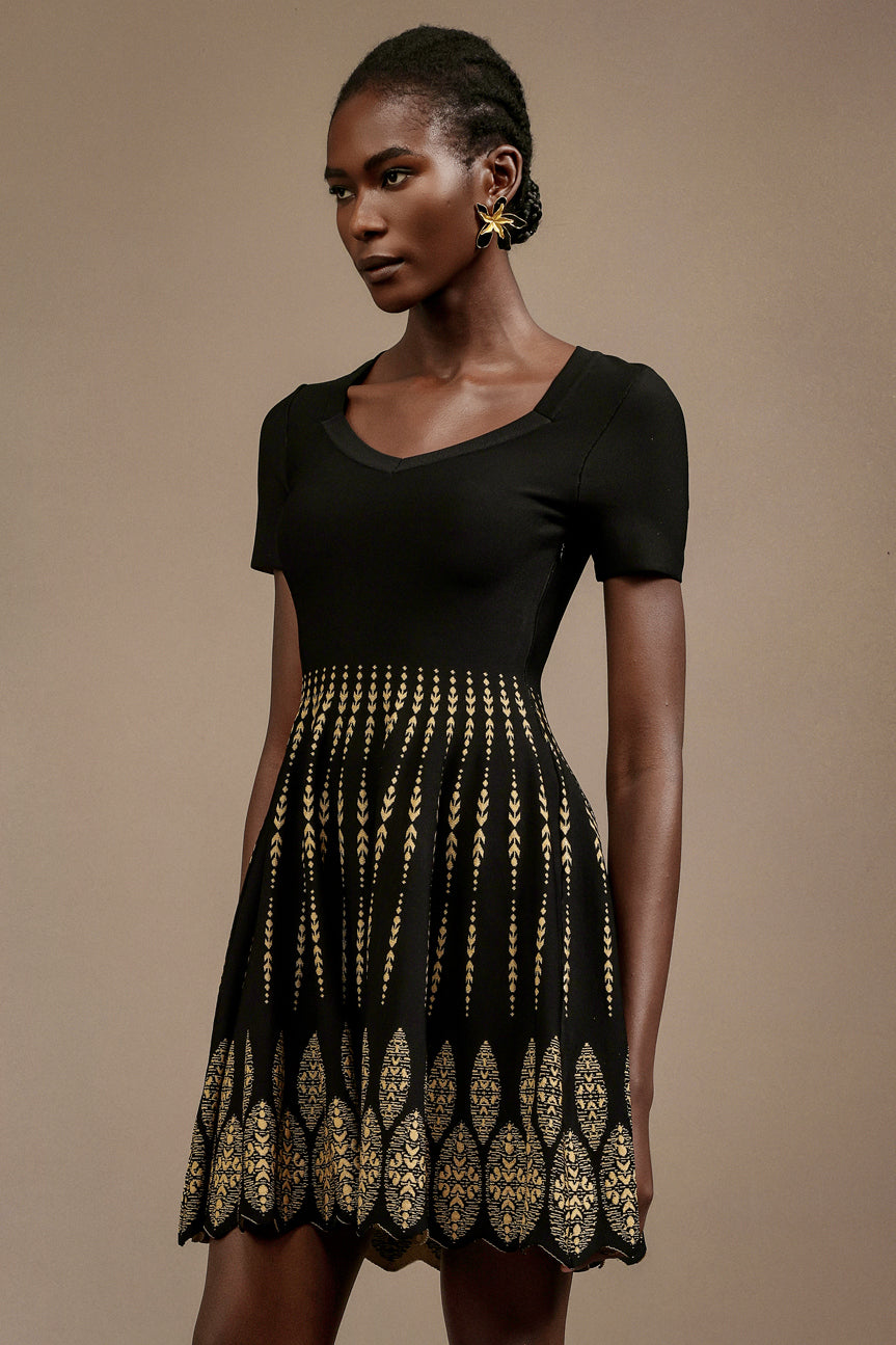 Emilee Short Sleeves Round Neck Jacquard Mini Dress