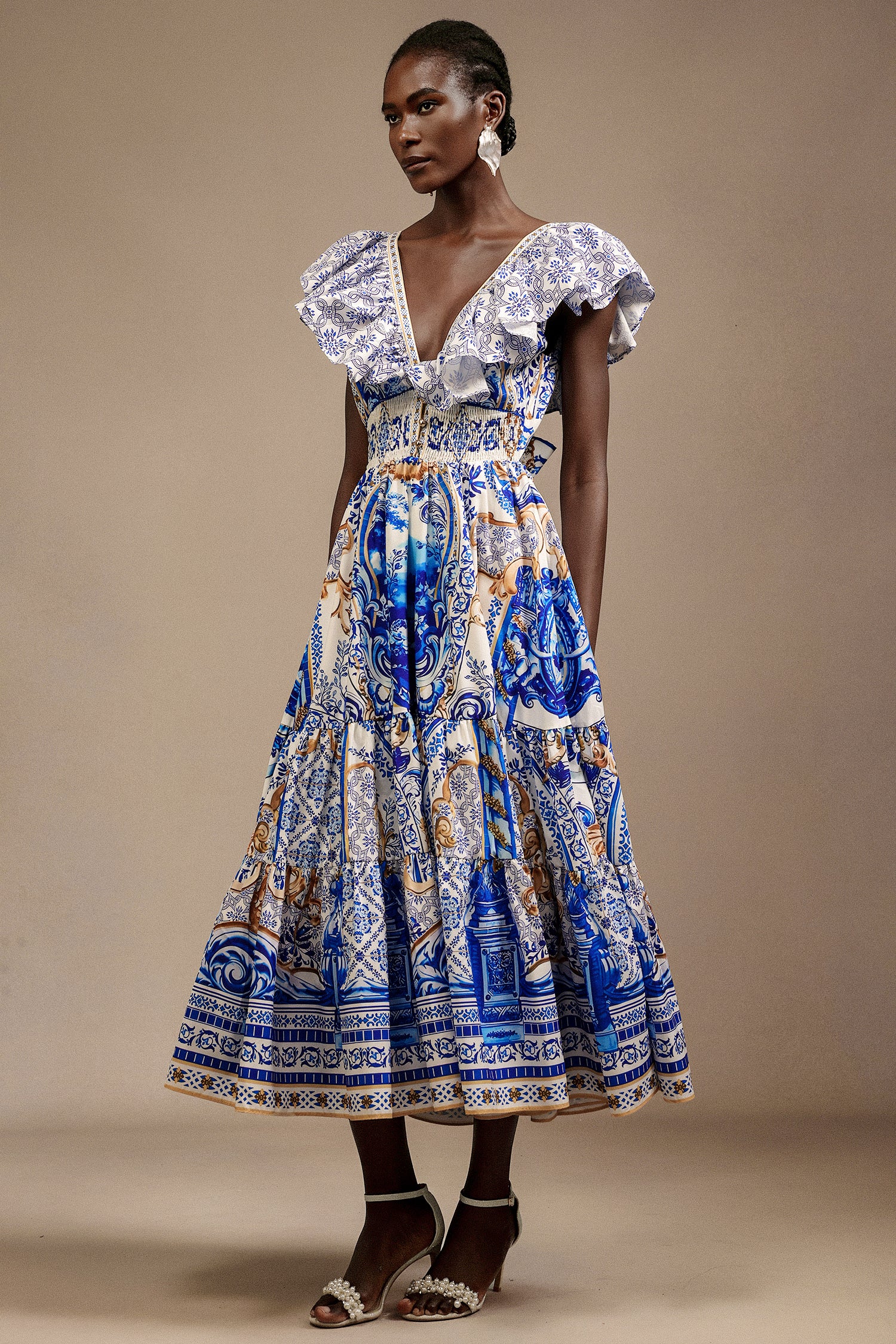 Zico V-Neck Sleeveless Printed Folds Maxi Dress