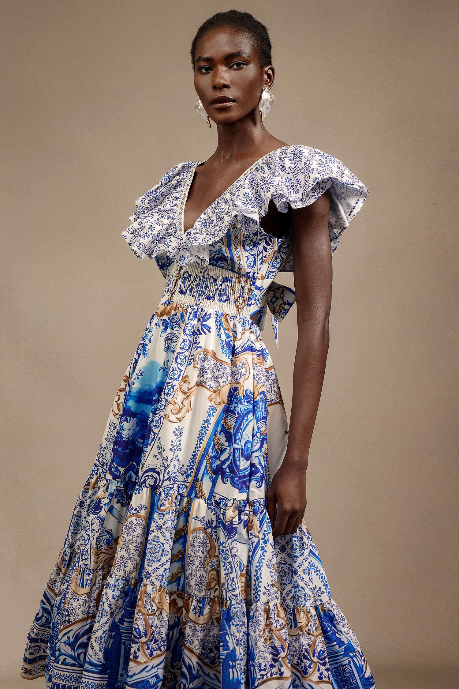 Zico V-Neck Sleeveless Printed Folds Maxi Dress