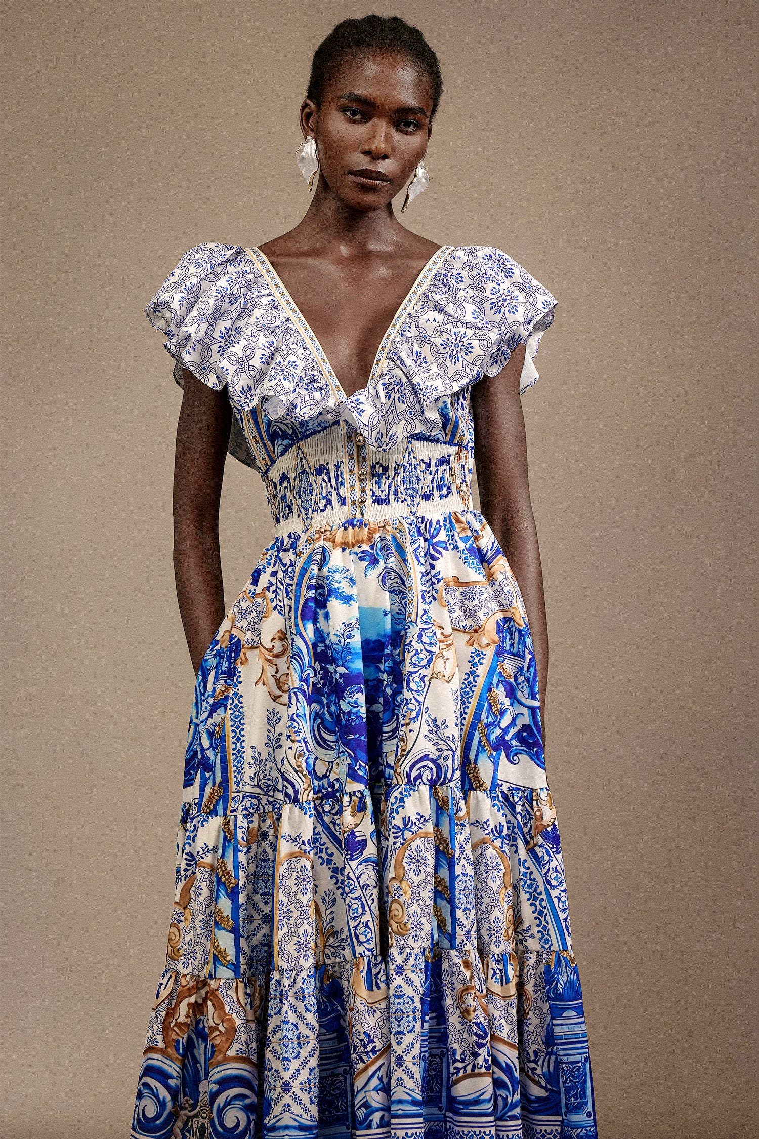 Zico V-Neck Sleeveless Printed Folds Maxi Dress