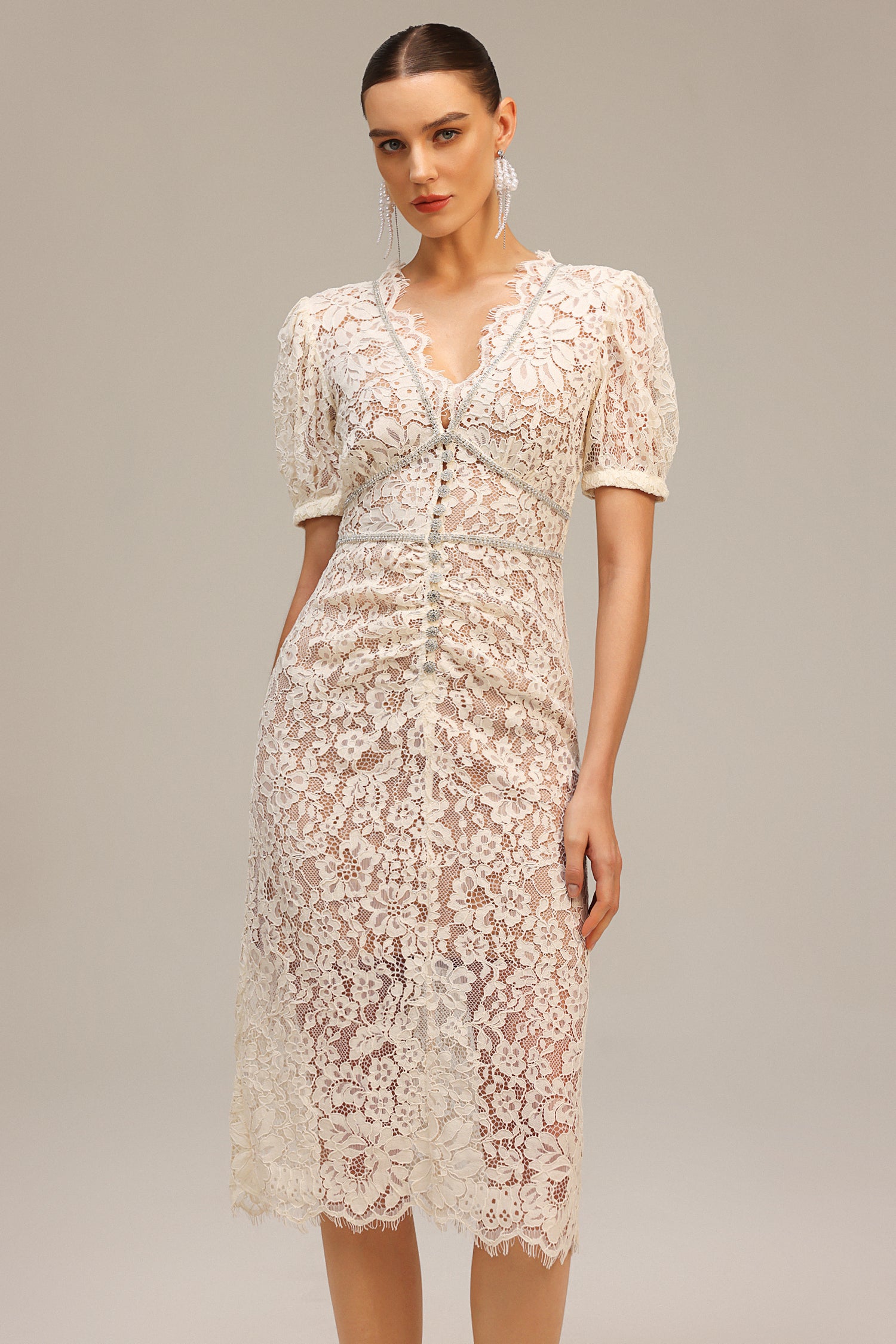 Modan V-Neck Short Sleeve Lace Maxi Dress