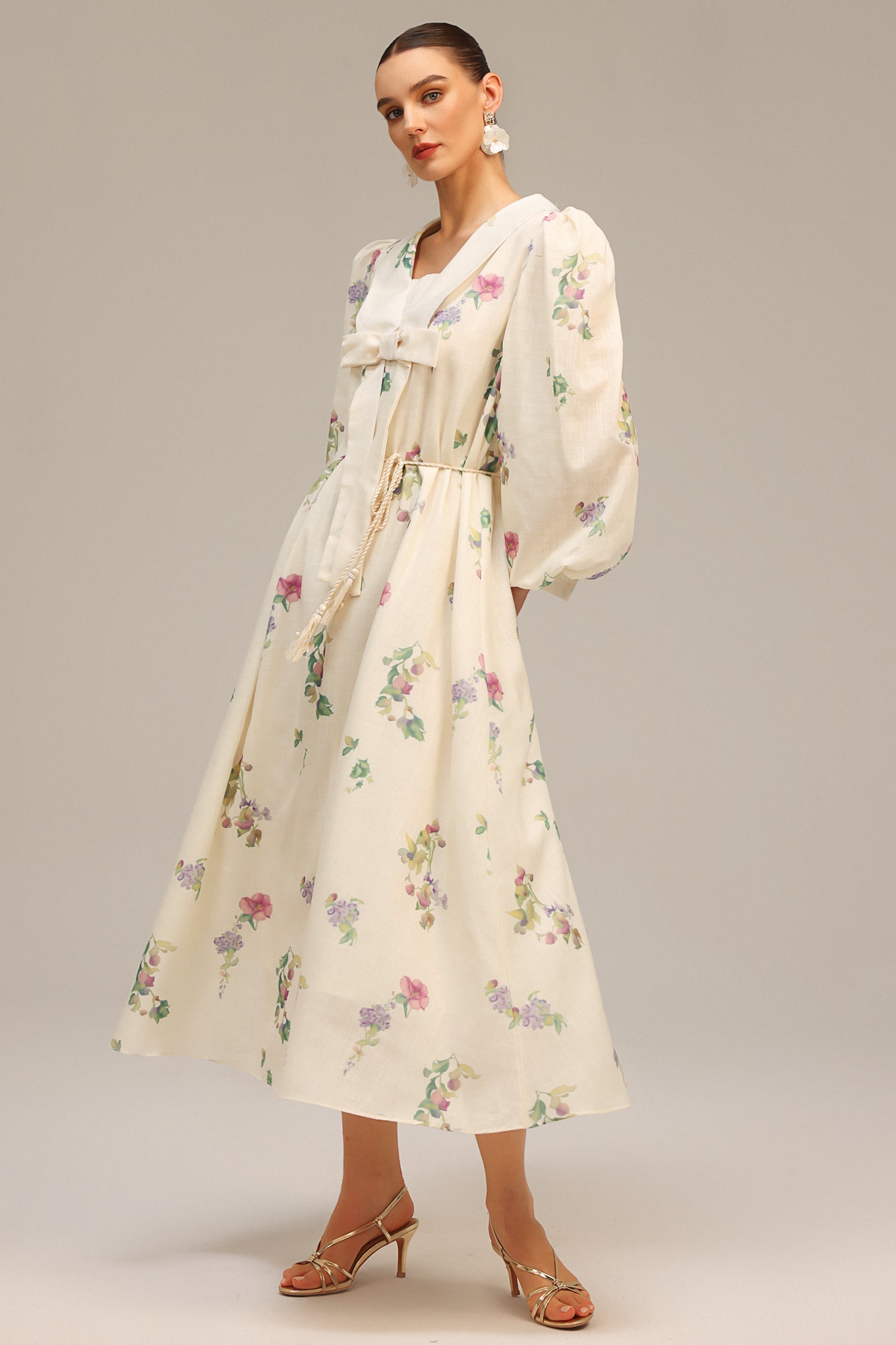 Stolen Long Sleeves Bowknot Floral Printed Maxi Dress