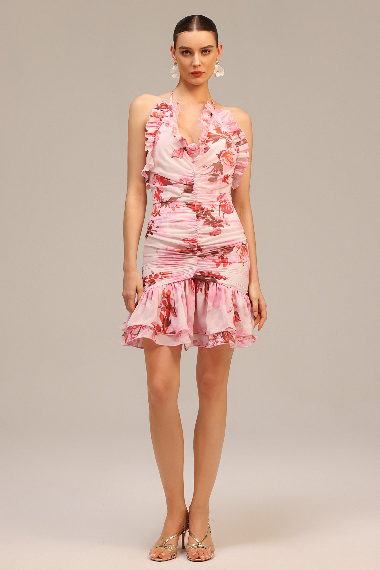 Miriam V-Neck Floral Printed Folds Mini Dress