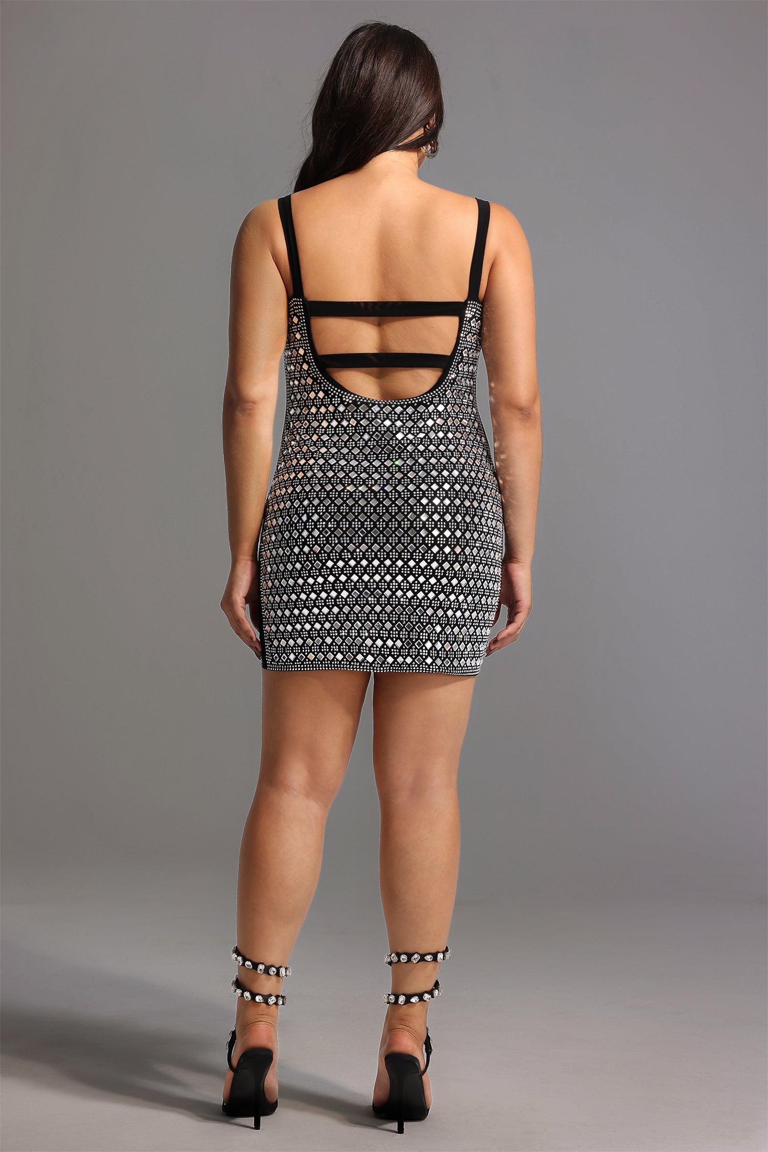 Darcy Rhinestones Halter Bandage Mini Dress -  Black