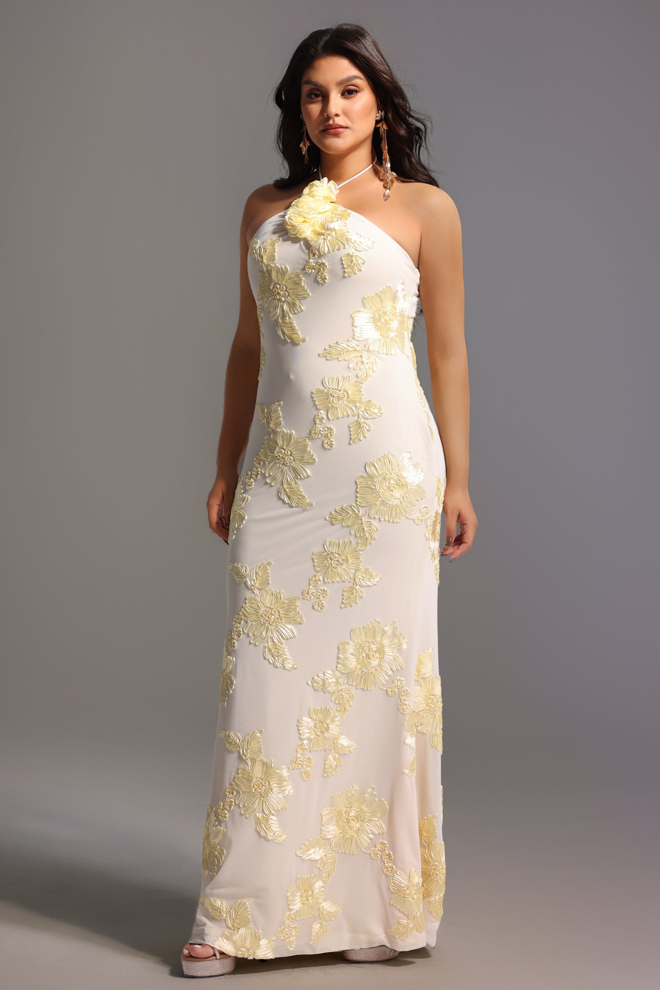 Griselda Flower Halter Embroidery Maxi Dress - White