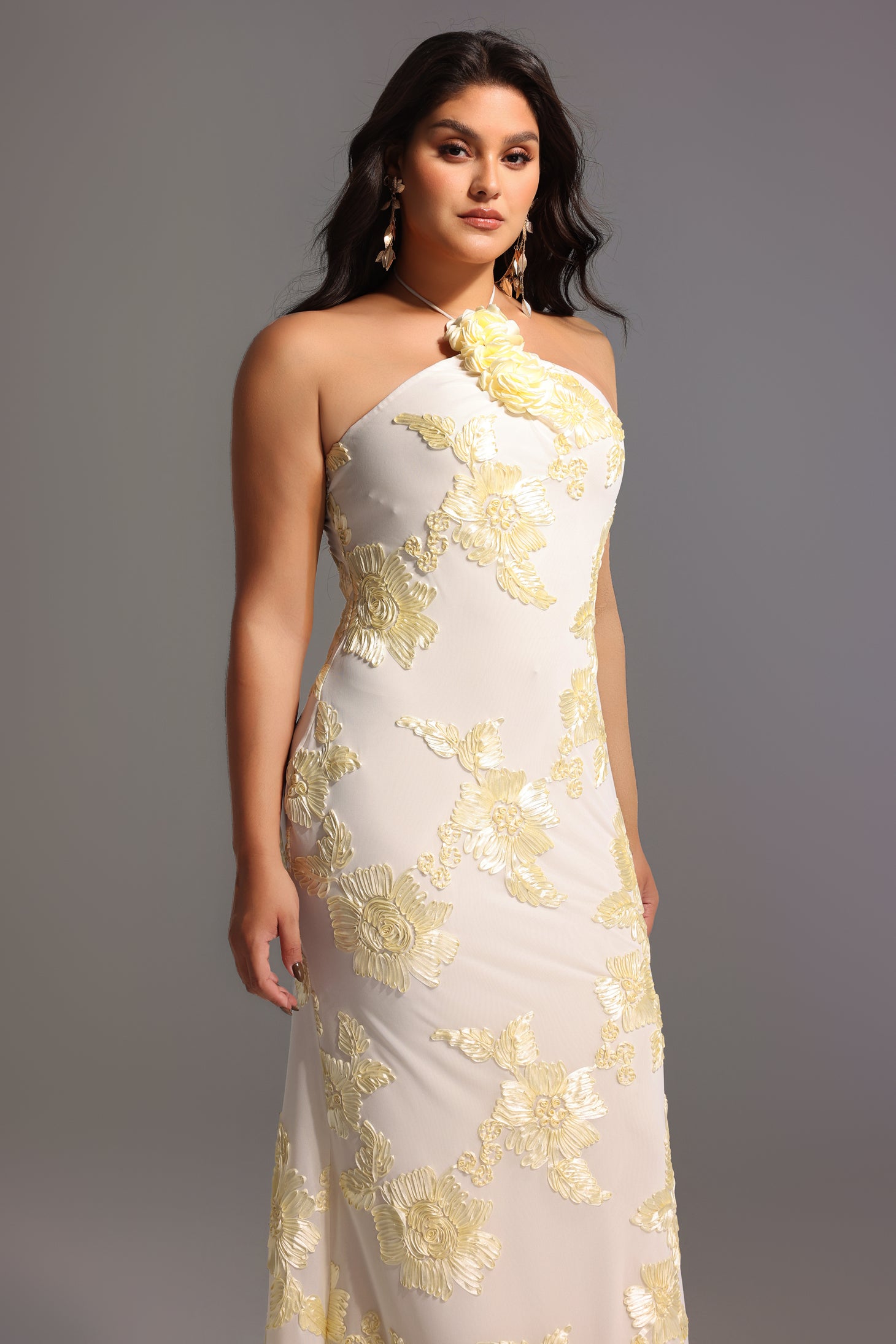 Griselda Flower Halter Embroidery Maxi Dress - White