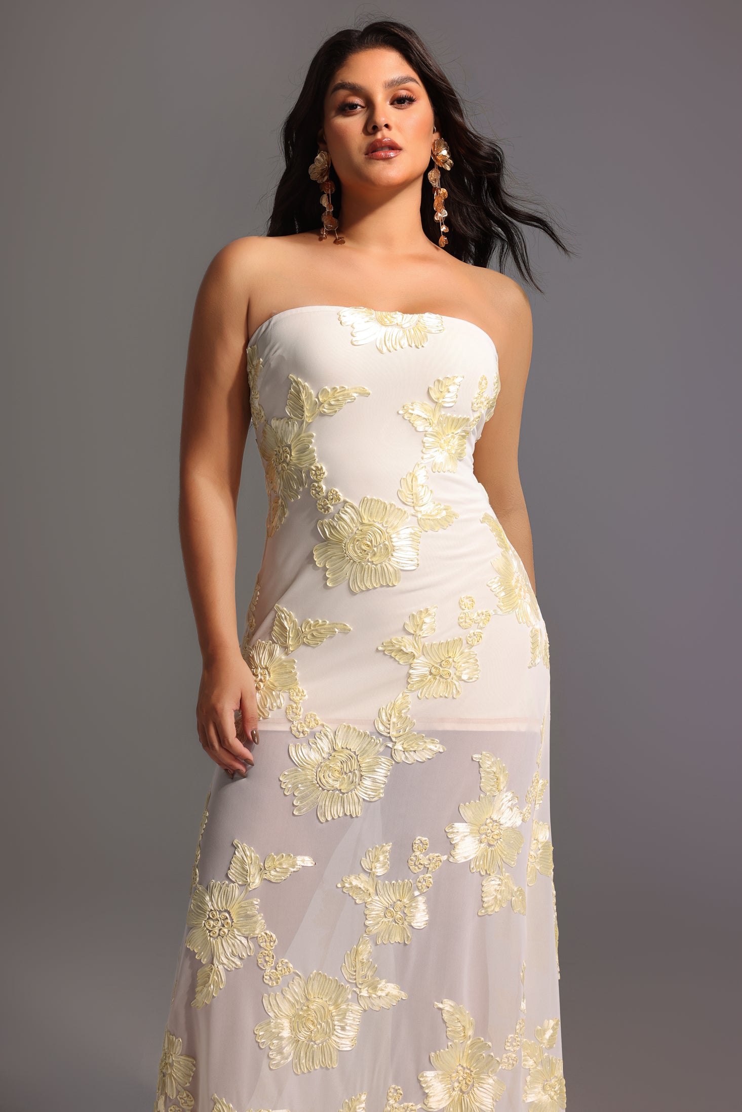 Deliyn Strapless Embroidery Flower Mesh Maxi Dress
