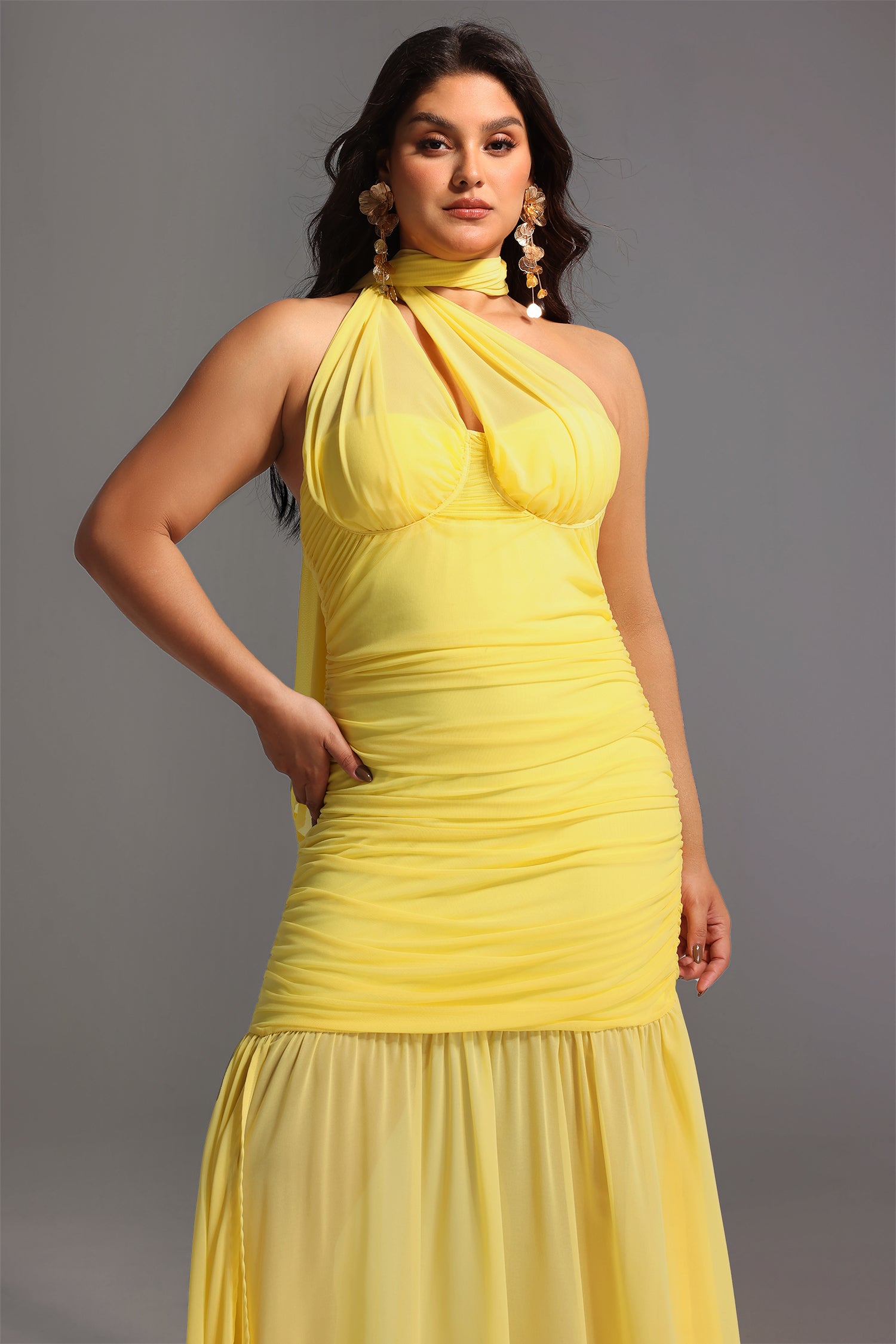 Ulasa Sleeveless Ruched Mesh Maxi Dress