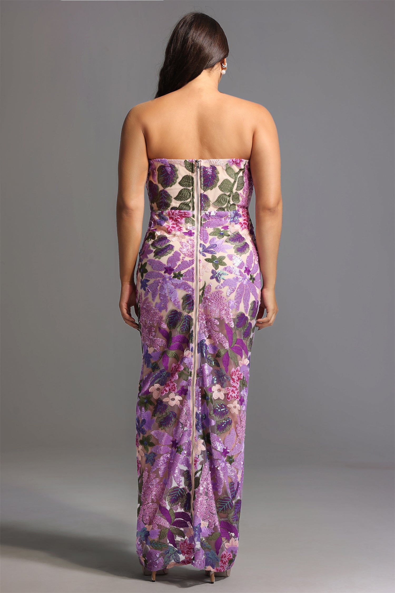 Eugenia Flower Sequins Strapless Mesh Dress - Purple