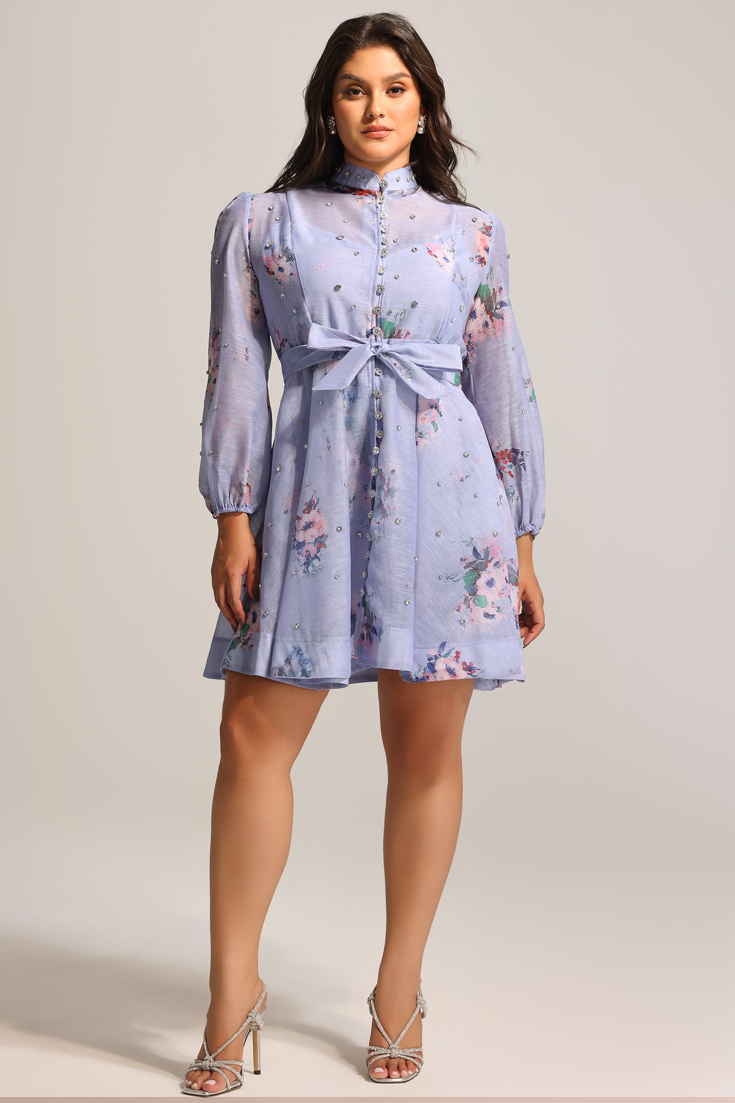 Riza Diamond Floral Printed Long Sleeves Mini Dress