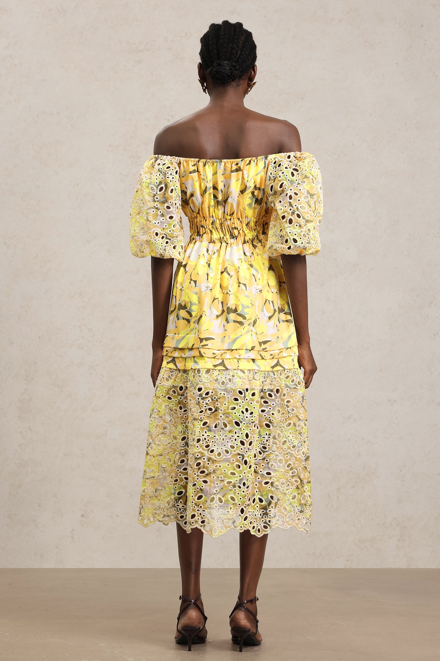 Sissel Puff Sleeves Floral Printed Lace Hollow Out Maxi Dress