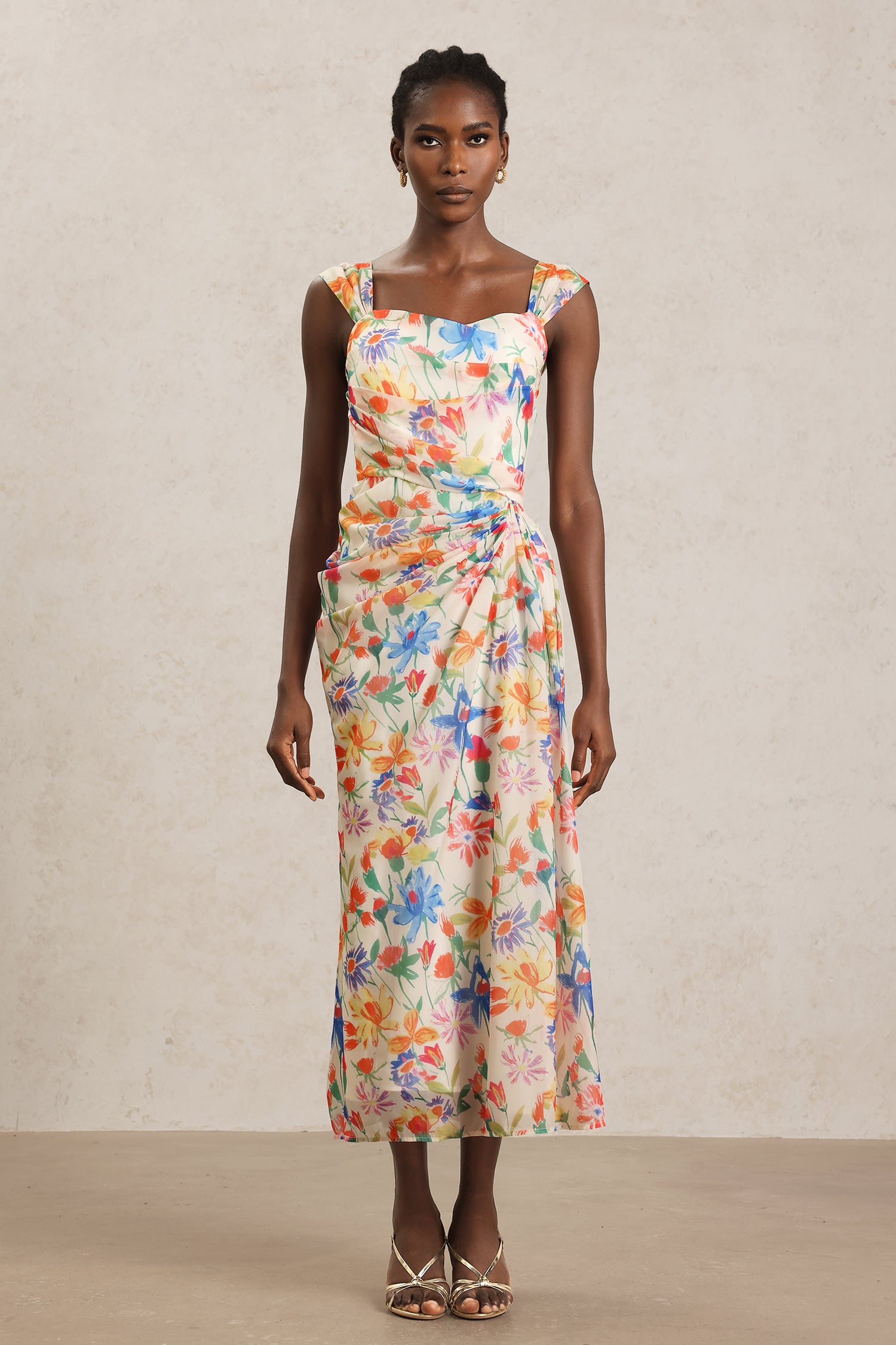 Soloma Halter Folds Floral Printed Maxi Dress