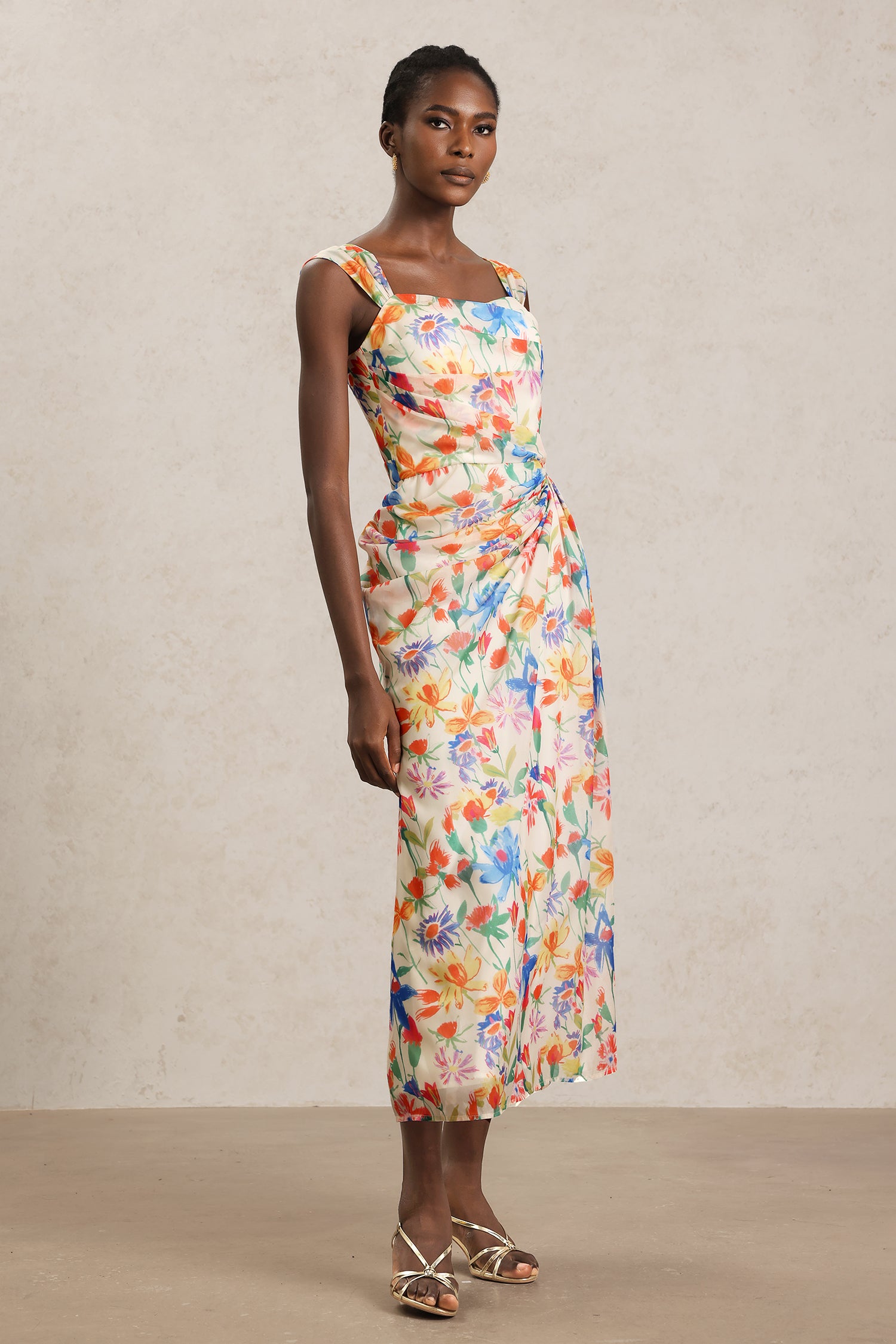 Soloma Halter Folds Floral Printed Maxi Dress
