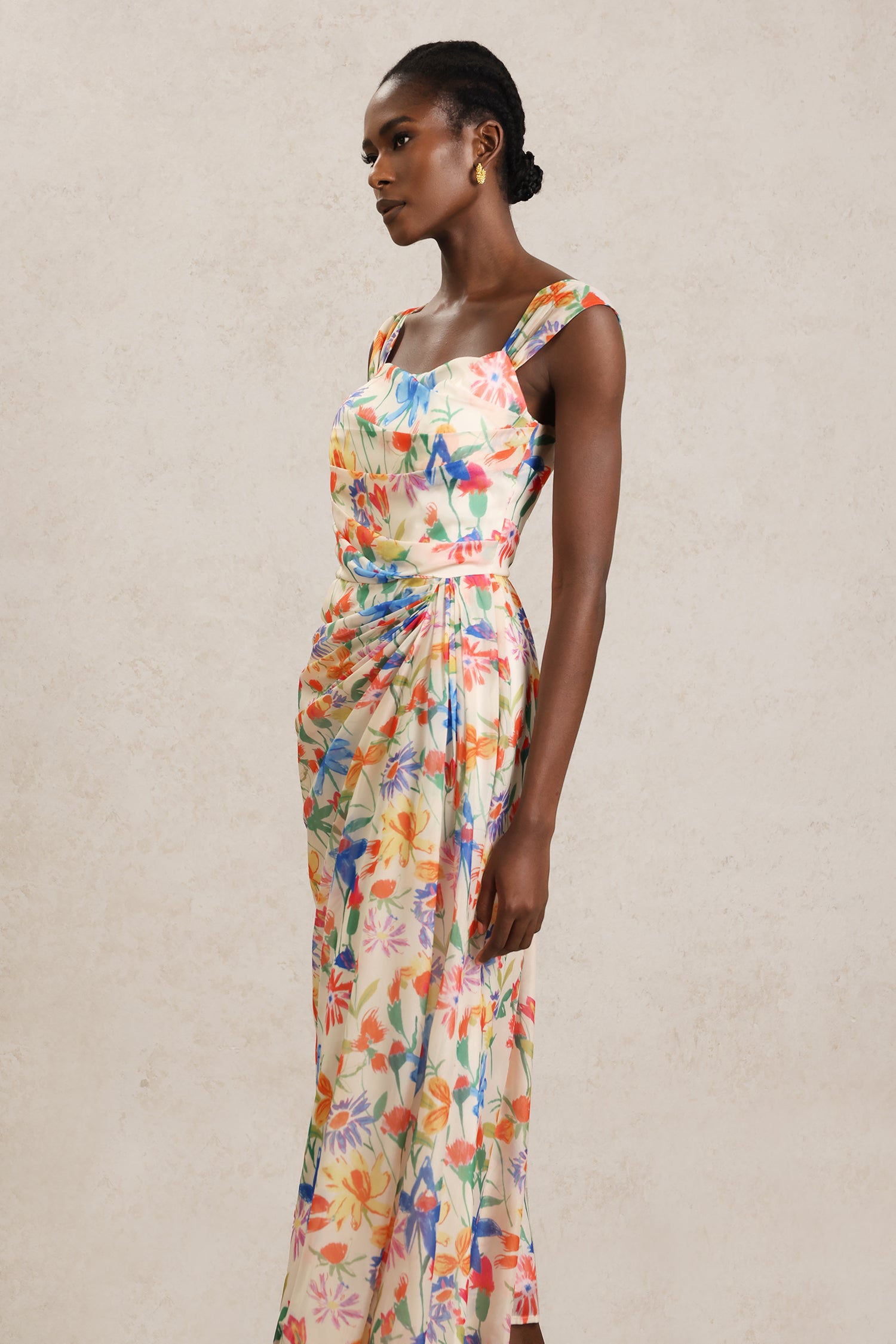 Soloma Halter Folds Floral Printed Maxi Dress