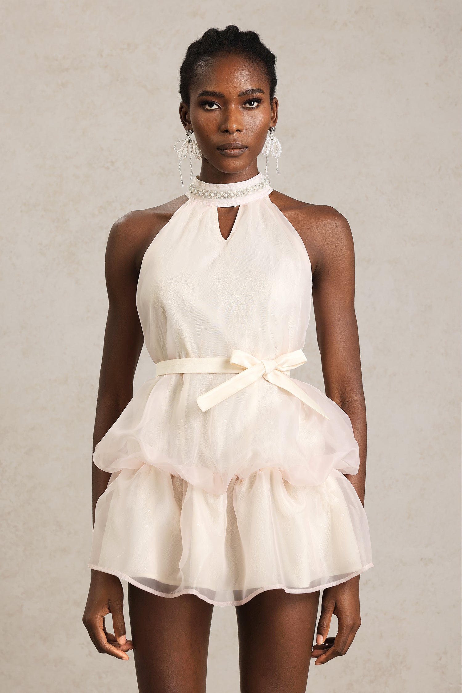 Erica Pearl Sleeveless Bowknot Puff Mini Dress
