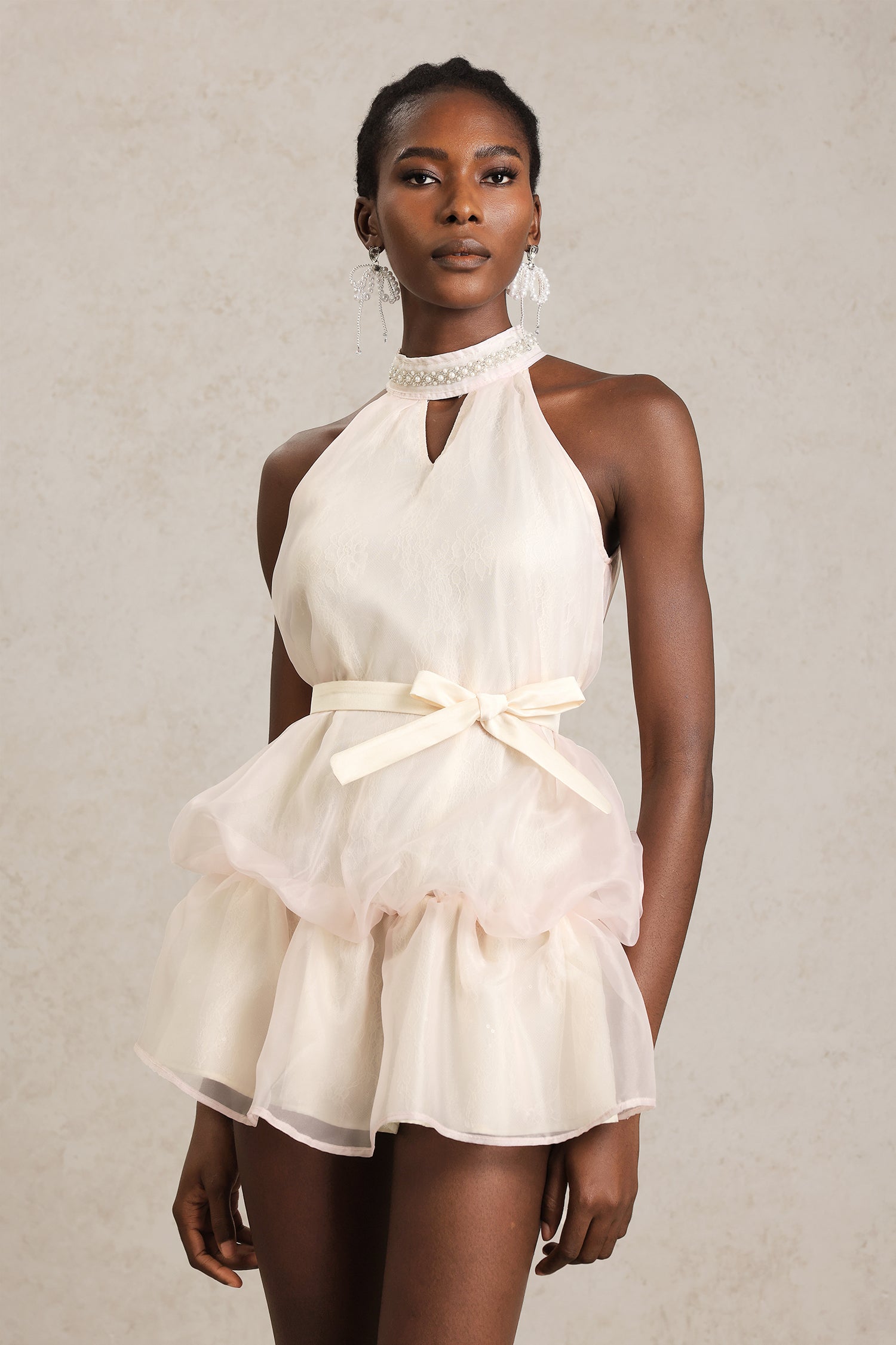 Erica Pearl Sleeveless Bowknot Puff Mini Dress