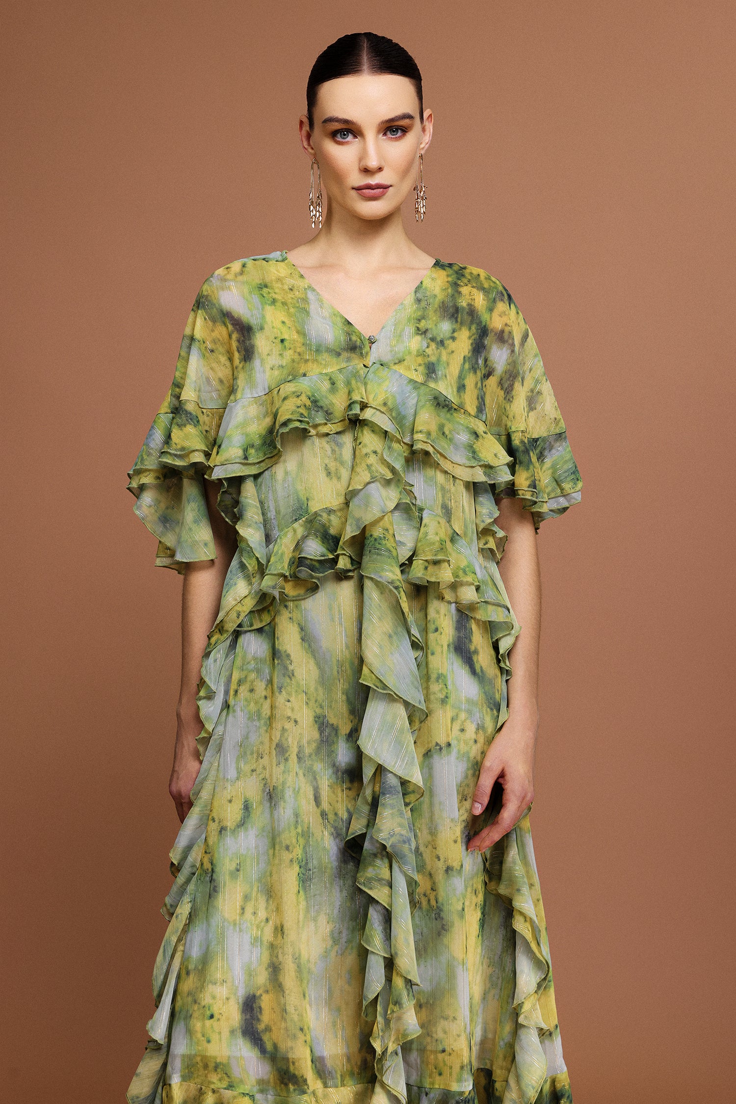 Kasai V-Neck Short Sleeves Printed Folds Maxi Dress