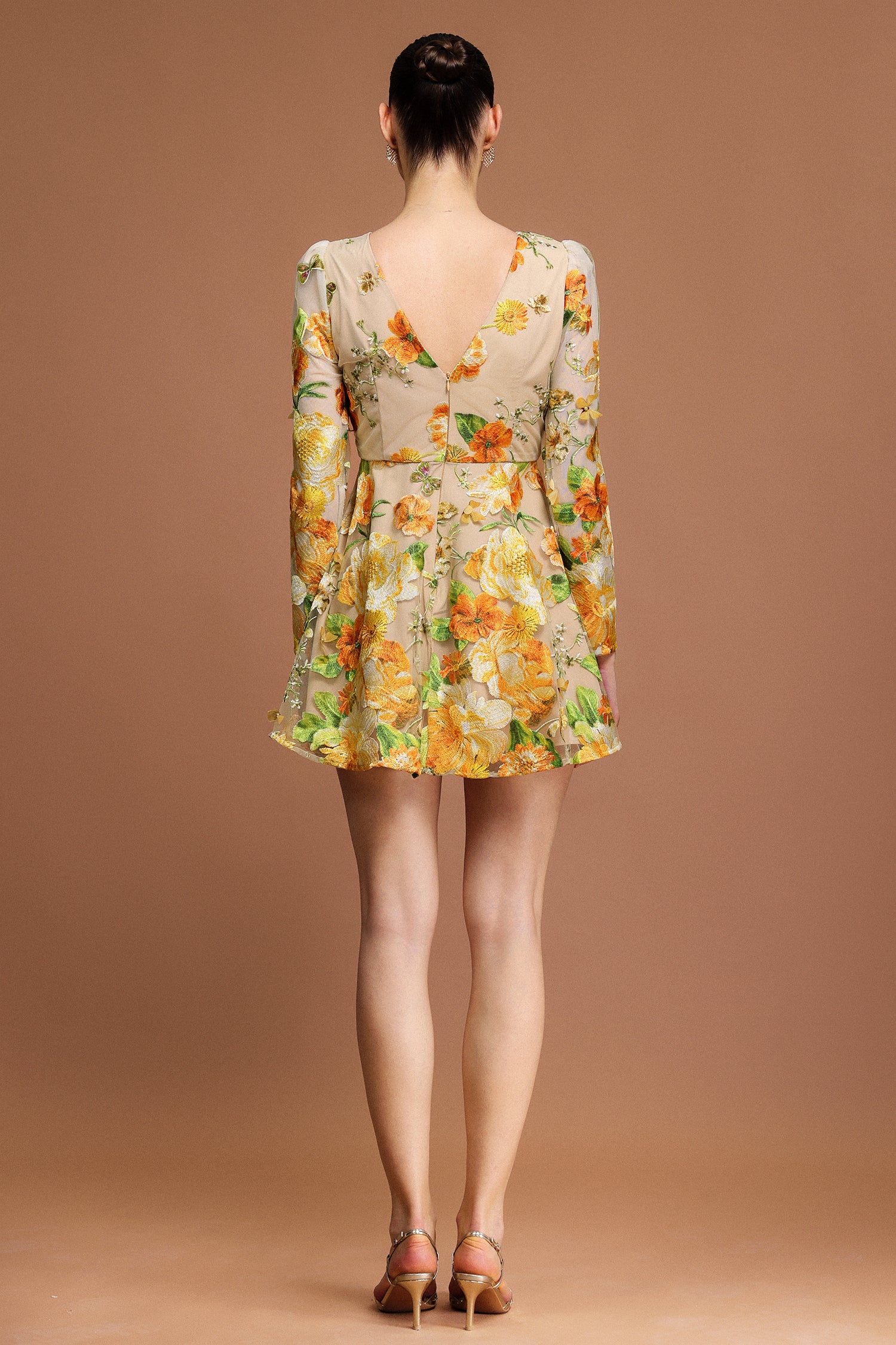 Maruja Round Neck Long Sleeves Flowers Mini Dress
