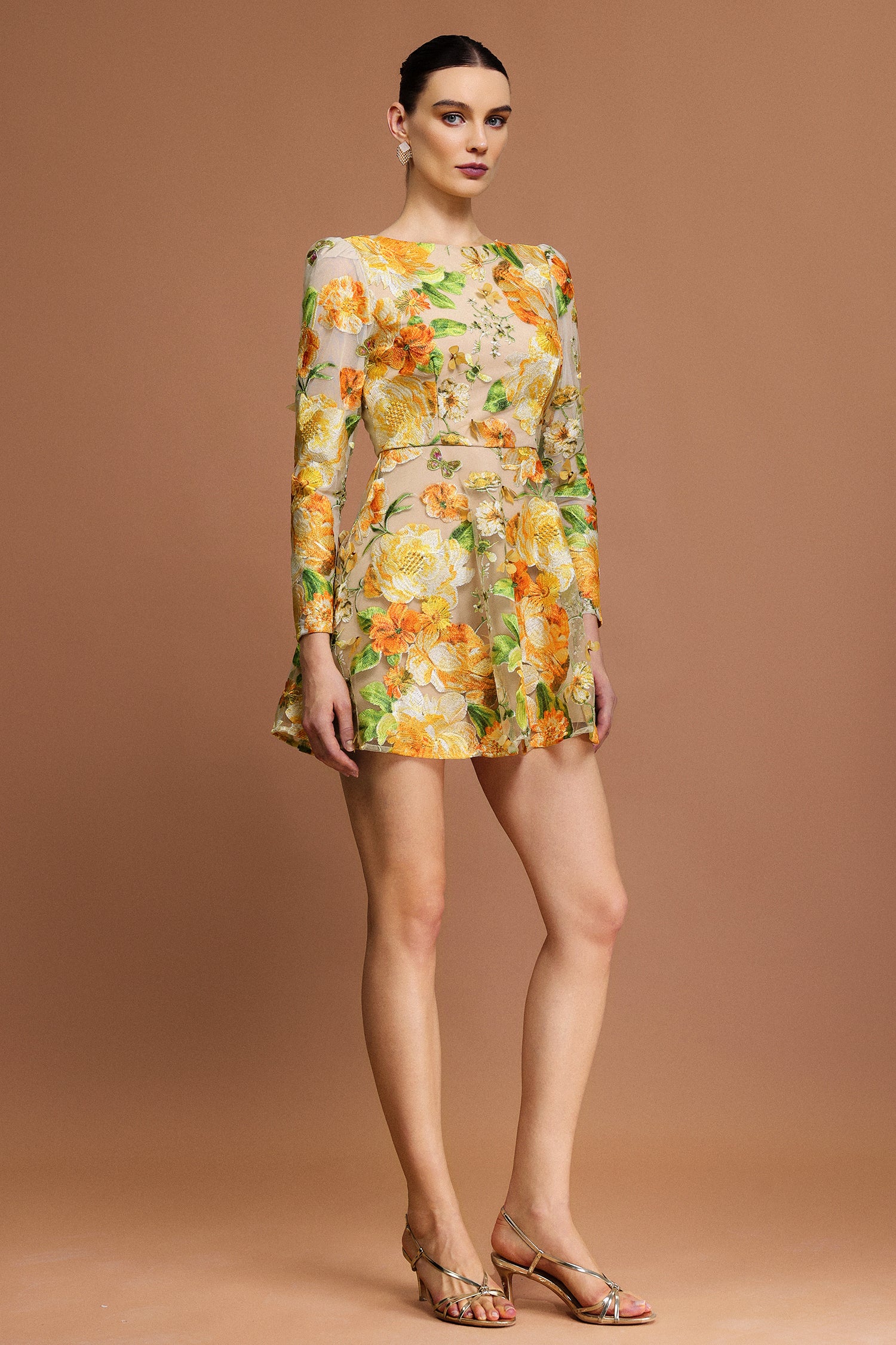 Maruja Round Neck Long Sleeves Flowers Mini Dress